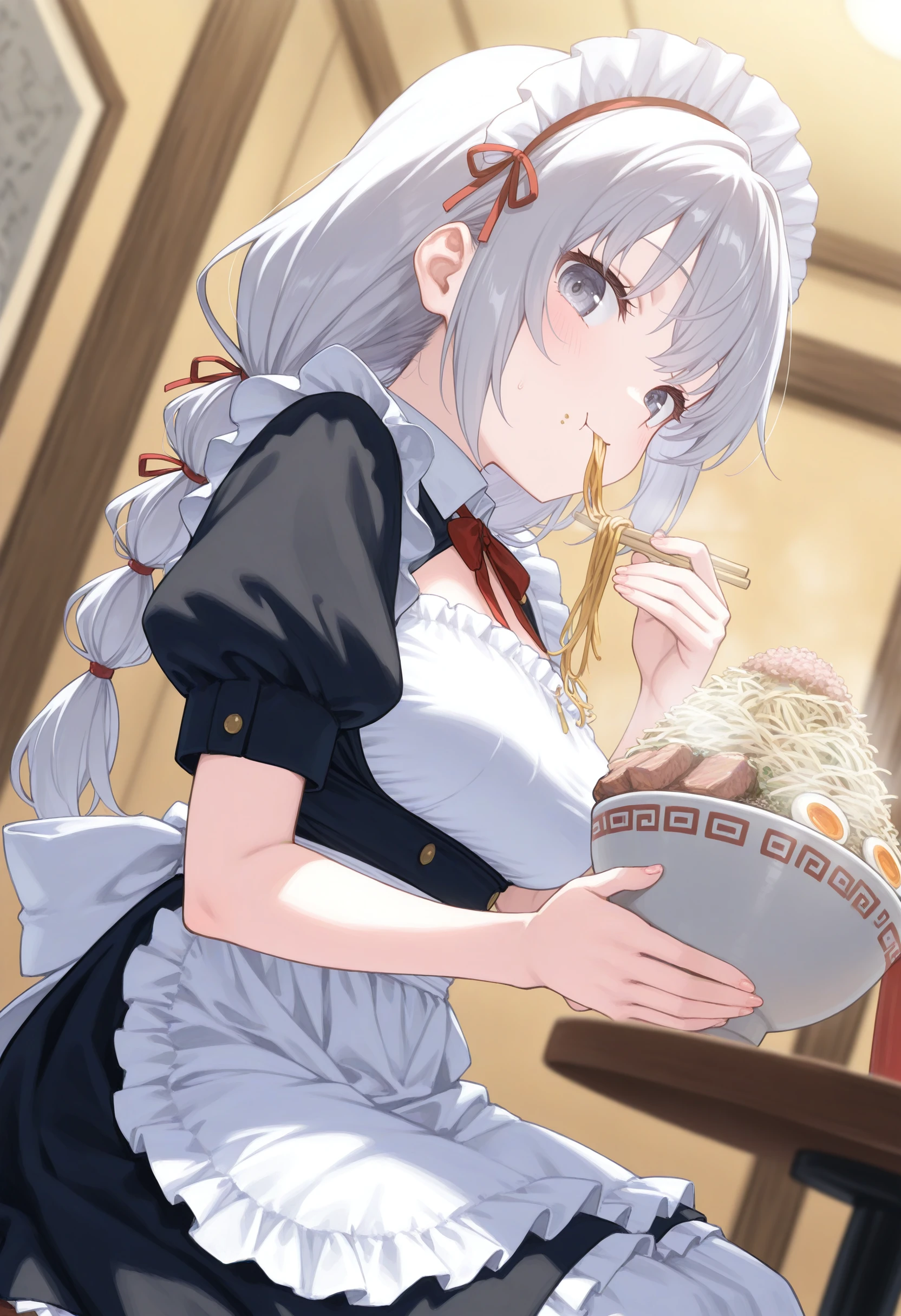 1girl,(sho \(sho lwlw\):0.7),(toosaka asagi:0.5),(sincos:0.3),solo,
masterpiece, best quality, newest, absurdres, CG, anime, source anime, illustration,
maid, maid headdress,medium breasts,
jirou,ramen,eating, noodles, holding bowl, sitting, table, <lora:jirou_Illust_v1:0.8>
dutch angle, cinematic angle, looking back, gray hair, silver eyes,happy, multi-tied hair,