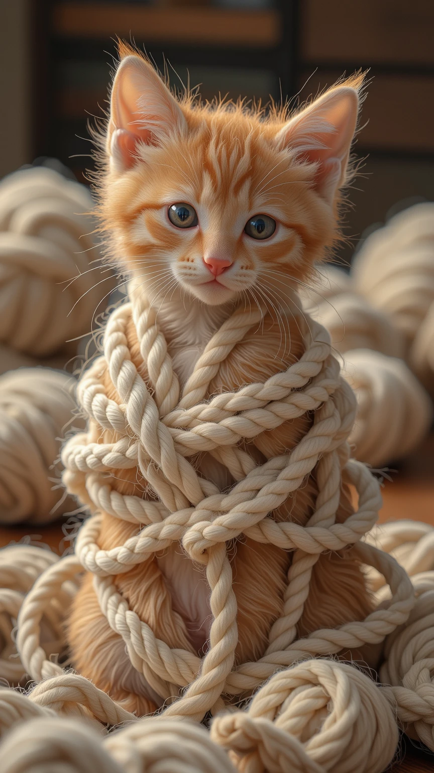 A ginger kitten tangled in a ball of wool, looking puzzled.
