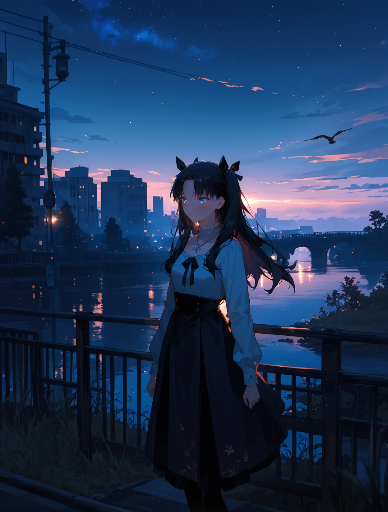 TohsakaRinCYQL,1girl,solo,long hair,black hair,two side up,bangs,parted bangs,ribbon,hair ribbon,black ribbon,blue eyes,Sheath dress, statement necklace,
BREAK
blush,looking_to_the_side,outstretched_arms,,on back,front view,full_shot,
BREAK
sky,scenery,cloud,outdoors,building,ferriswheel,cloudysky,city,night,silhouette,reflection,crane(machine),star(sky),skyscraper,train,animal,nightsky,starrysky,cityscape,trafficlight,powerlines,roadsign,moon,aircraft,groundvehicle,ruins,lamppost,dark,bluesky,bridge,utilitypole,railing,sunset,bird,wideshot,citylights,standing,water,shadow,tower,tree,verywideshot,railroadtracks,shootingstar,grass,plant,fog,twilight,gradientsky,light,neonlights,skyline,post-apocalypse,sunlight,cable,trainstation,glowing,sciencefiction,wind,lights,horizon,bluetheme,fence,leaf,backlighting,blurry,fantasy,lightrays,lensflare,frombelow,
BREAK
<lora:spo_sdxl_10ep_4k-data_lora_webui:0.5>,<lora:illustrious_all_rated_v1:0.6>,<lora:748cmSDXL:0.8>,748cmstyle,<lora:DarkerThanBlackIllustrious:0.5>,<lora:EtherSDXL:0.5>,EtherStyle,,<lora:TohsakaRin_Illustrious by Cyql:1>,
perfect quality,high quality,masterpiece,best quality,amazing quality,very aesthetic,absurdres,newest,