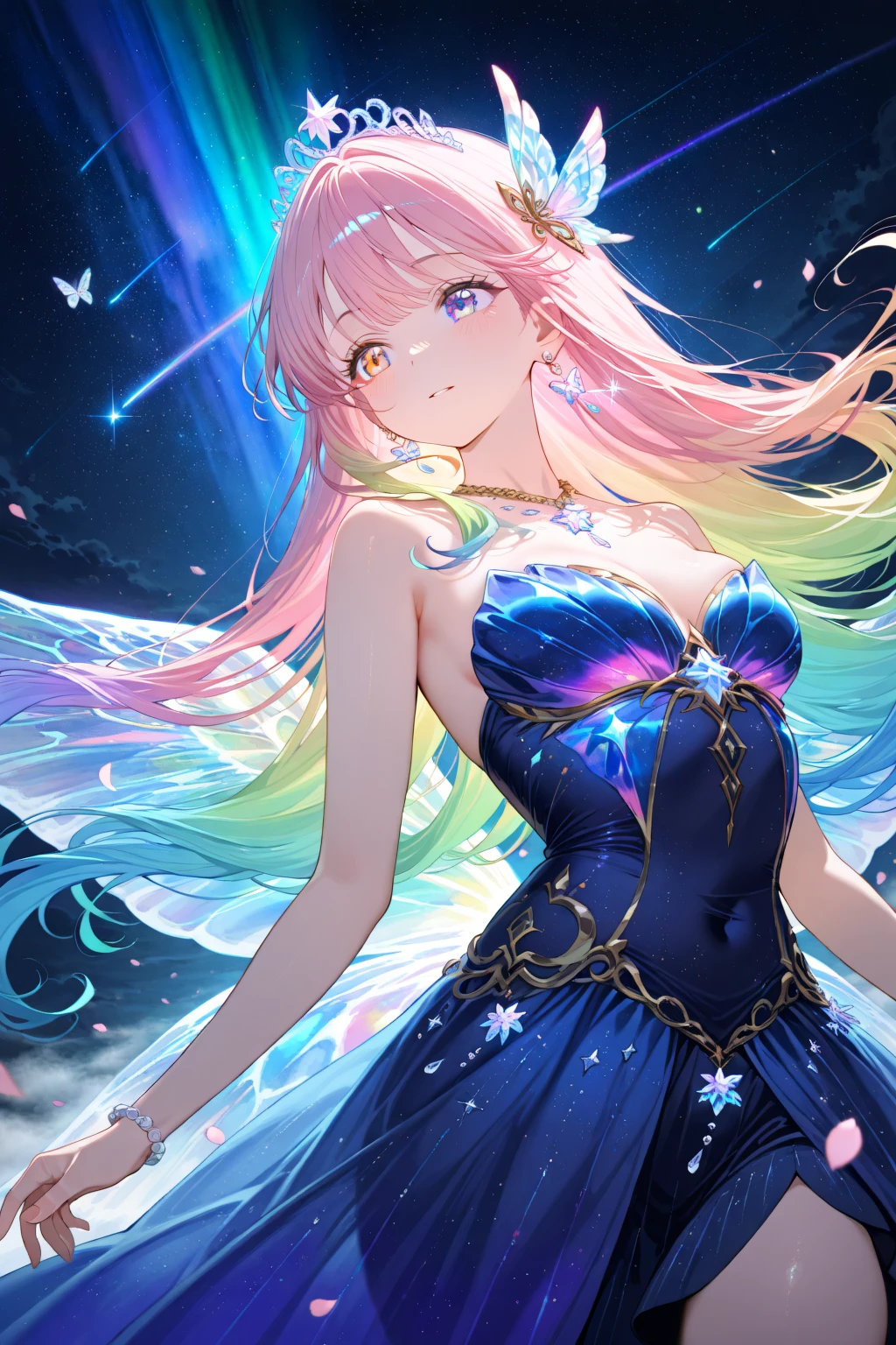 artist:, 1girl, fantasy, ethereal, floating hair, (iridescent), glowing, (aurora), galaxy background, floating, celestial, crystal clear, magical girl, heterochromia, detailed eyes, multicolored hair, flowing dress, constellation, shooting stars, sparkle, chromatic aberration, lens flare, depth of field, detailed lighting, starry background, bioluminescence, flower petals, translucent, angel wings, long flowing hair, gradient hair, pastel colors, hair ornament, jewelry, tiara, bare shoulders, detailed skin, strapless dress, cinematic lighting, dark background, glowing particles, butterflies, glitter, bubbles, rainbow, cherry blossoms, fog, volumetric lighting, caustics, reflective, gems, crystal, prism, detailed facial features, gold trim, gossamer, wind effect, light rays, luminous, glass, transparent, intricate details, necklace, bracelet, earrings, feathers, dramatic angle, dramatic lighting, bloom, glow, soft focus, fireflies, water droplets, venetian glass, crystal prism, rainbow reflection, pearl, silver accents, 
very awa, masterpiece, best quality, high quality, newest, recent, year 2024, absurdres,