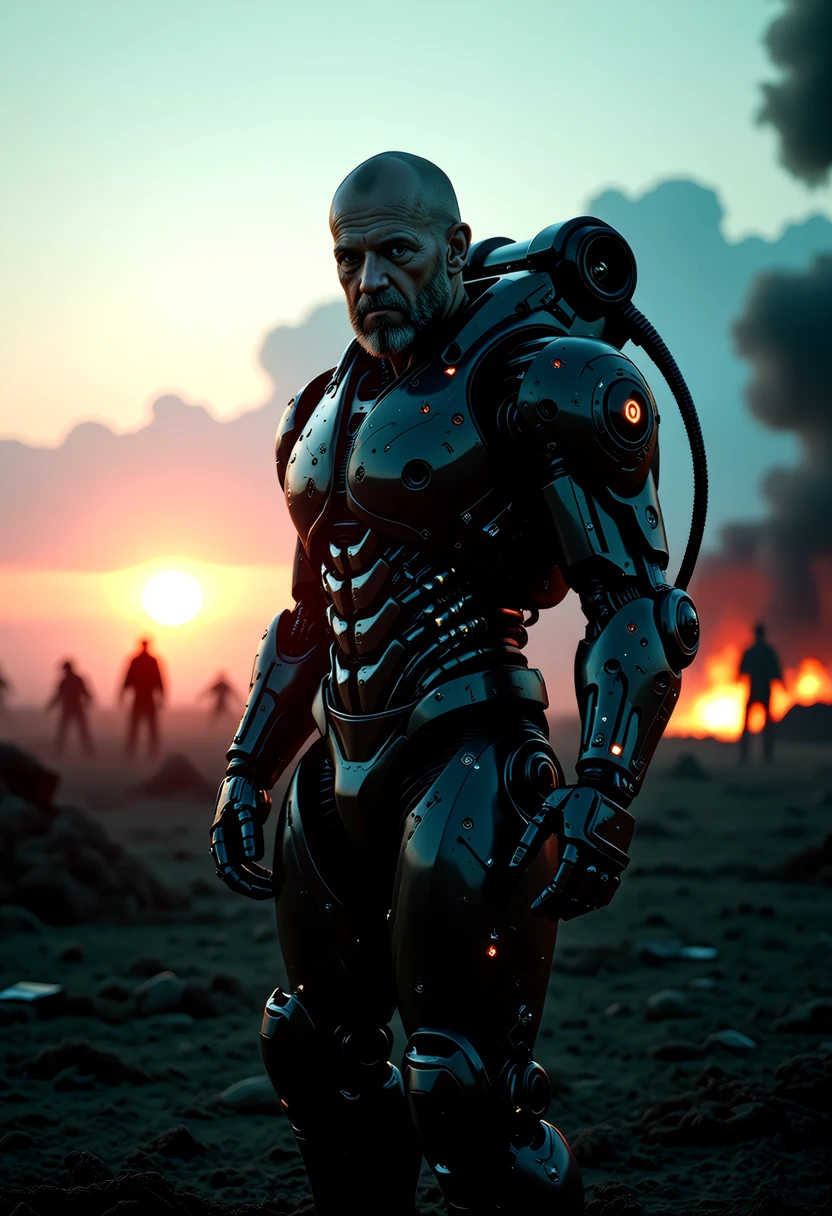 In the fading light of dusk, a futuristic battlefield reveals a captivating scene. YoungMoxie, a grizzled cyborg, stands amidst the chaos with his face clearly lit, his exosuit, now worn with battle damage, reflecting the setting sun's rays. The exosuit, a masterpiece of gothic design, enhances his muscular frame, its bulkiness conveying strength and resilience. YoungMoxie's presence, a fusion of human and machine, exudes determination and a sense of duty. This cinematic film still, with its retro arcade style and dark art influence, captures a moment of intense action, where his cybernetic enhancements and battle-worn armor leave viewers enthralled by the fusion of technology and warfare in this dystopian, futuristic world,      <lora:flux/Sinfully_Stylish_.02_for_FLUX-000002.safetensors:1.0>,  <lora:artist/style_of_Gerry_Anderson_FLUX_315.safetensors:1.0>, style of gerry anderson, <lora:RM_Robotify_v0.7M.safetensors:1.0>, <lora:art and styles/MysticFantasy.safetensors:1.0>,  <lora:flux/ARTifacts>