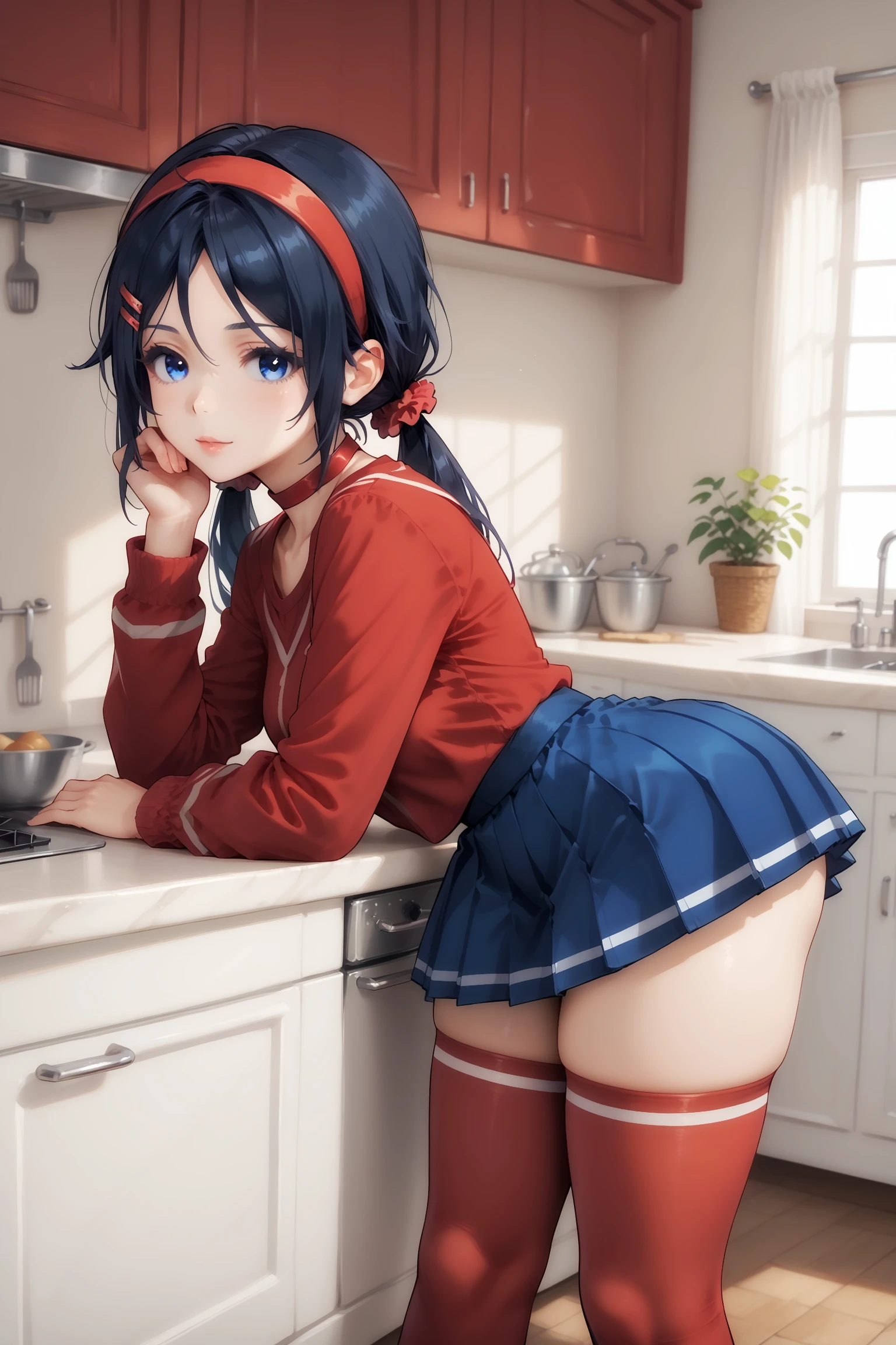 score_9, score_8_up, score_7_up, masterpiece, best quality, imtdmiramiside, 1girl, 19 years old, bent over, blue panties, on kitchen, red thighhighs, blue eyes, low twintails, hair ornament, skirt, hairclip, long hair, shirt, long sleeves, red hairband, blue skirt, blue hair, black hair, pleated skirt, red choker, scrunchie, rating_questionable.
