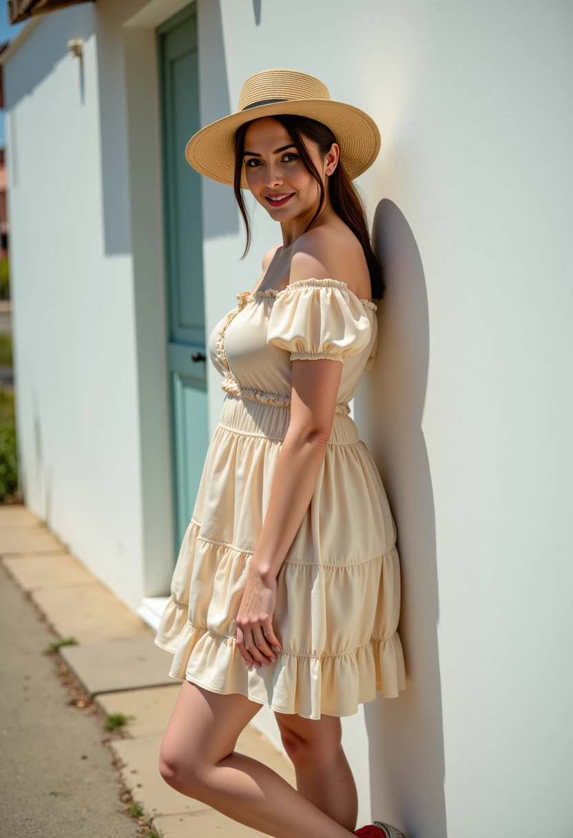 Full body view, multiple angles, photoshoot poses; she is standing. She has brown hair. she has piercing eyes. A photo of MPV@Danny_PD_Milf_WBFV , 1girl, outdoors, straw hat, red footwear, off-shoulder shirt, looking at viewer, road, day, long hair, shadow, full body, layered skirt, smile, house, black hair, standing, frills, puffy sleeves, bare shoulders, frilled skirt, street, building, off shoulder, sun hat, dress, puffy short sleeves. she has the perfeft body, she has a huge busty breasts, sagging breast, a slender waist and wide hips. she is looking at the camera with a smirk on her face. Her hair is styled in a ponytail, and she has a pair of black lace lingerie.  focusing on Felipa as the main subject. The background is a simple white wall. The overall mood of the image is Happy.RAW candid cinema,16mm,color graded portra 400 film,remarkable color,ultra realistic,textured skin,remarkable detailed pupils,realistic dull skin noise,visible skin detail,skin fuzz,dry skin,shot with cinematic camera,detailed skin texture,(blush:0.2),(goosebumps:0.3),subsurface scattering,beautiful photograph in the style of Augustus John,Sergio Toppi,Virginia Frances Sterrett,8k HD,detailed skin texture,ultra realistic,textured skin,analog raw photo,cinematic grain,whimsical.perfection style,aidmafluxpro1.1