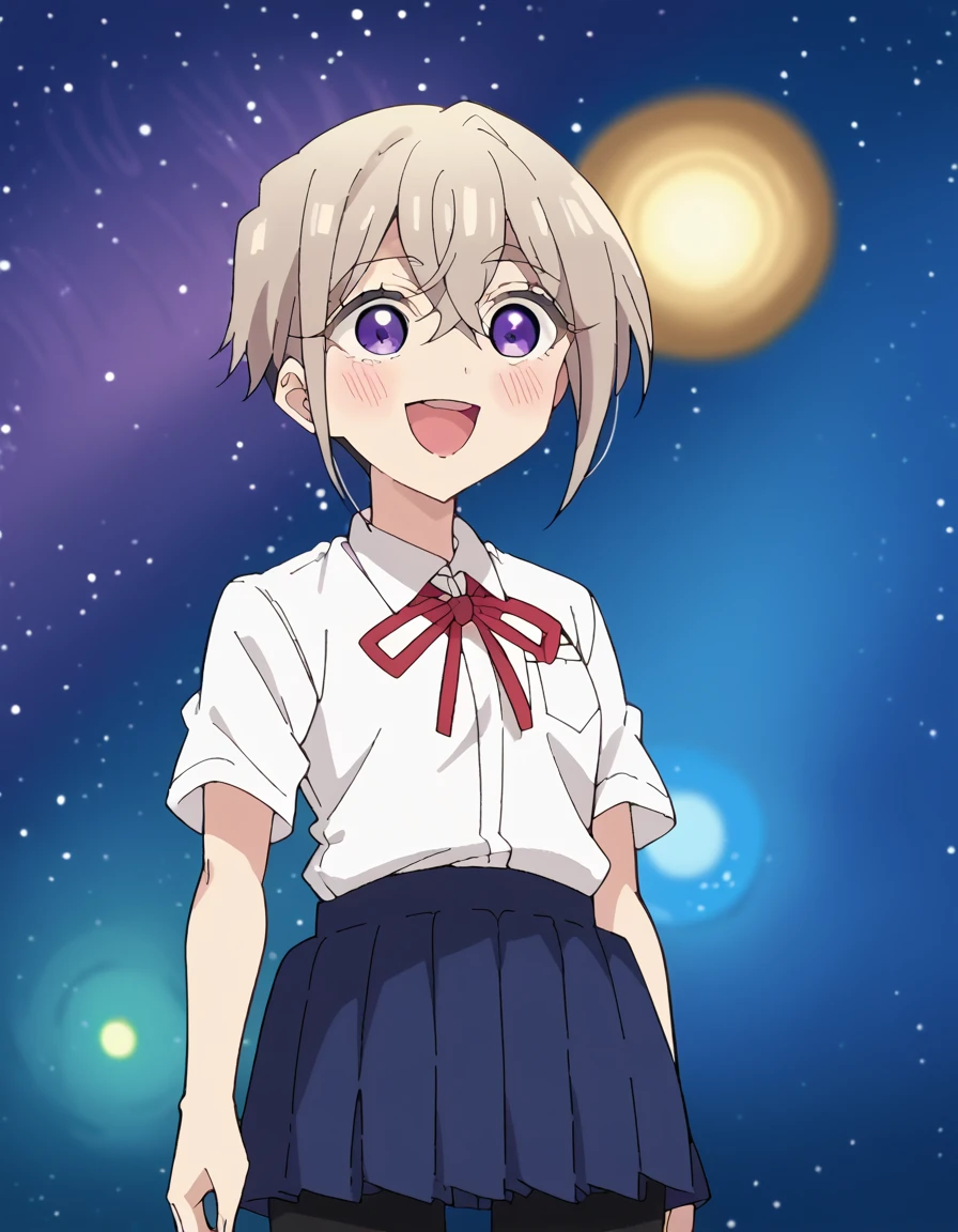 score_9, score_8_up, score_7_up, source_anime, <lora:iku-sutou-trailer-ponyxl-lora-nochekaiser:1>, iku sutou, short hair, purple eyes, grey hair, uniform anime screencap, skirt, shirt, school uniform, white shirt, short sleeves, pleated skirt, shorts, red ribbon, neck ribbon, bike shorts, shorts under skirt, otaku room, posters, anime figures, computer, cluttered, smile, <lora:space-cat-ponyxl-lora-nochekaiser:1> space cat, space cat (meme), galaxy, meme, space, galaxy background, universe, nebula, star (sky), blank stare, looking up, open mouth, blush, cowboy shot, looking at viewer, solo,, cowboy shot, solo