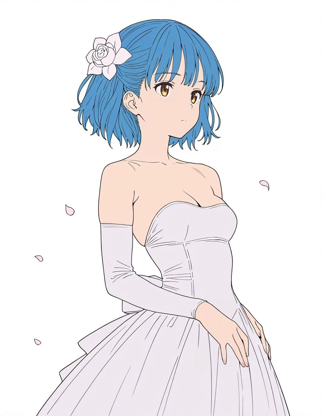 masterpiece, best quality, amazing quality, very aesthetic, high resolution, <lora:fabula_ultima_character_style_v3_illustrious_epoch_7:0.9>, graphite \(medium\), four fingers and a thumb,
fabula-ultima, 1girl, solo, dress, short hair, blue hair, flower, hair ornament, hair flower, bare shoulders, white dress, detached sleeves, petals, strapless, breasts, strapless dress, flat color, white background,