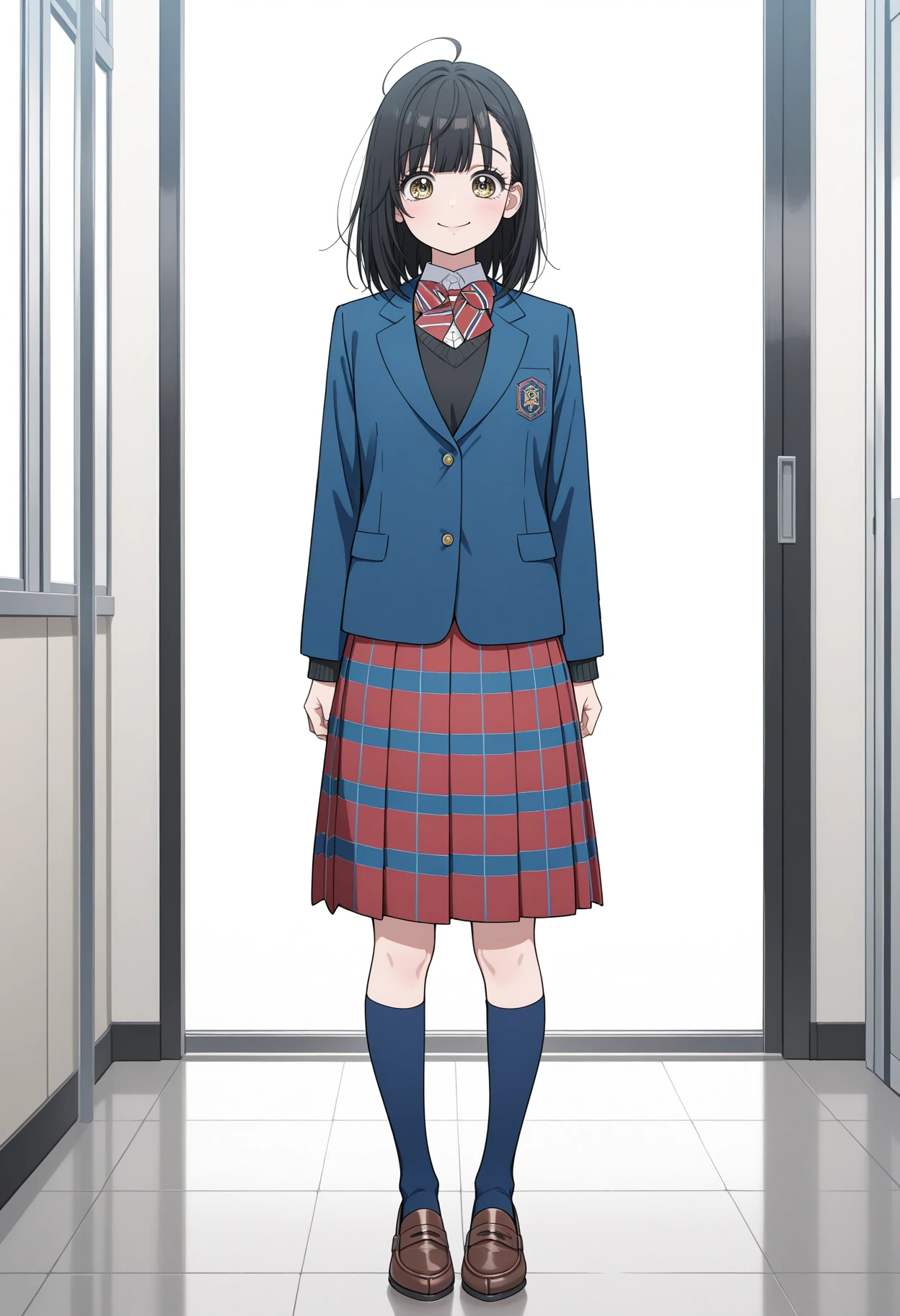 masterpiece, best quality, 1girl, solo, looking at viewer, straight-on,
1girl, black hair, yellow eyes, medium hair, ahoge, school uniform, white shirt, collared shirt, long sleeves, red bowtie, red skirt, blue skirt, black sweater, blue jacket, smile, looking at viewer, striped bowtie,plaid skirt, pleated skirt, blue kneehighs, brown loafers, full body, standing, <lora:ishimori_uka_meipaws_1:1>