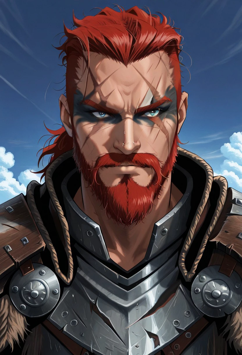 masterpiece, best quality, newest, absurdres, highres, anime, anime style, vintage anime, 90s anime, VikingWarPaint-V1.0, warpaint, facepaint, makeup, 1boy, viking, red hair, beard, facial hair, mustache, scar, scar on face, scar over eye, armor, muscular, muscular male,