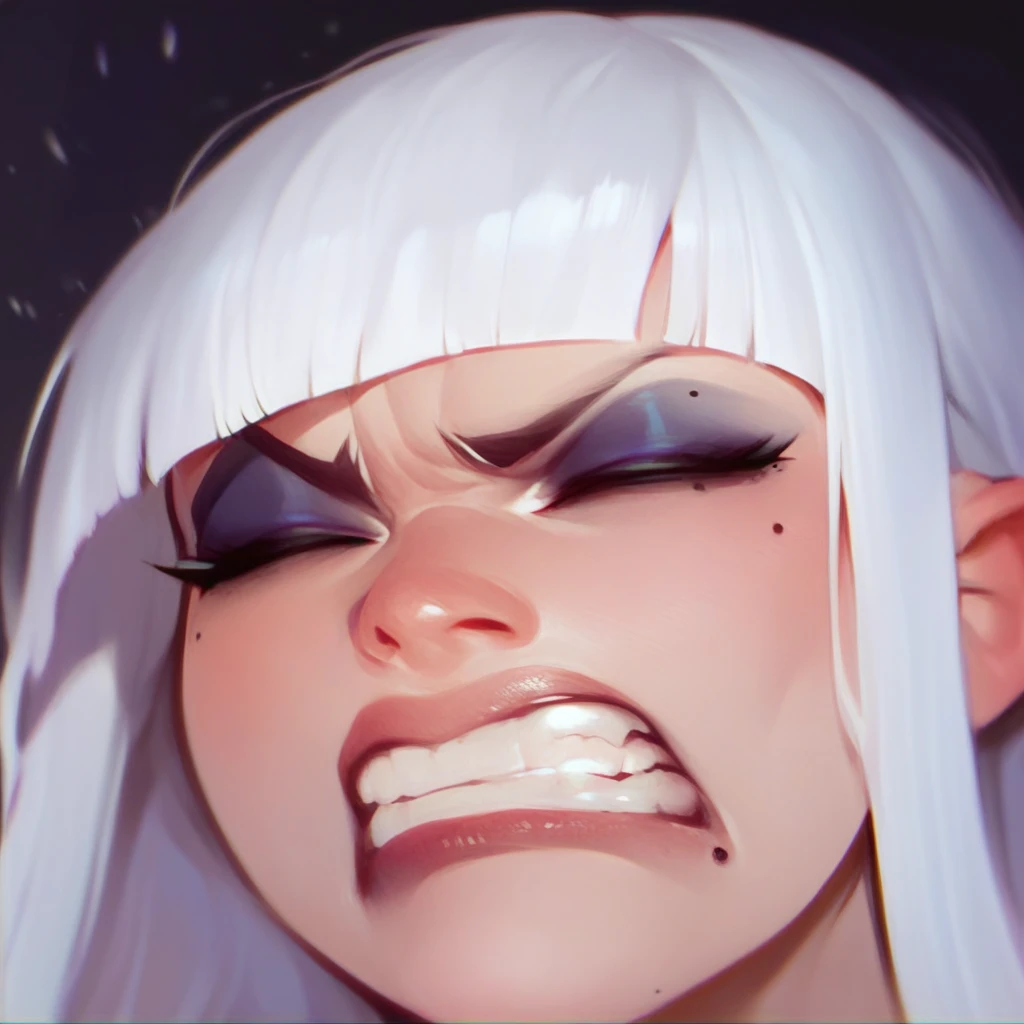 Score_9, score_8_up, score_7_up, str4in, 1girl, solo, white hair, closed eyes, teeth, blunt bangs, makeup, bangs, mole, clenched teeth, mole under eye, eyeshadow