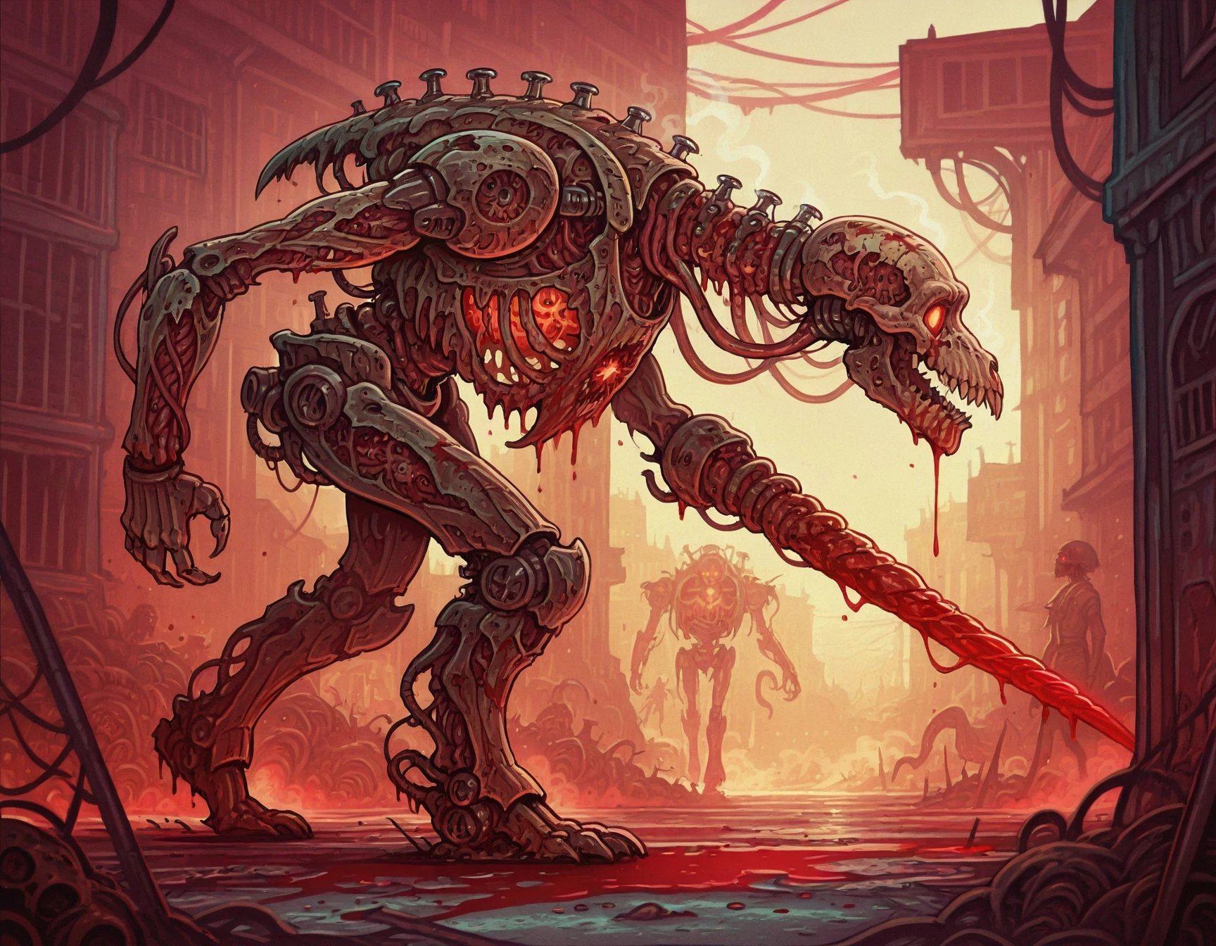 masterpiece, best quality,, worldofundead, blood, gore, <lora:World_of_Undead_Illust:1>, science fiction, battle quad mecha, bulky scifi armour, bone lance, intestine pipes, in ruined city, red glowing core, walking, steam, from side,