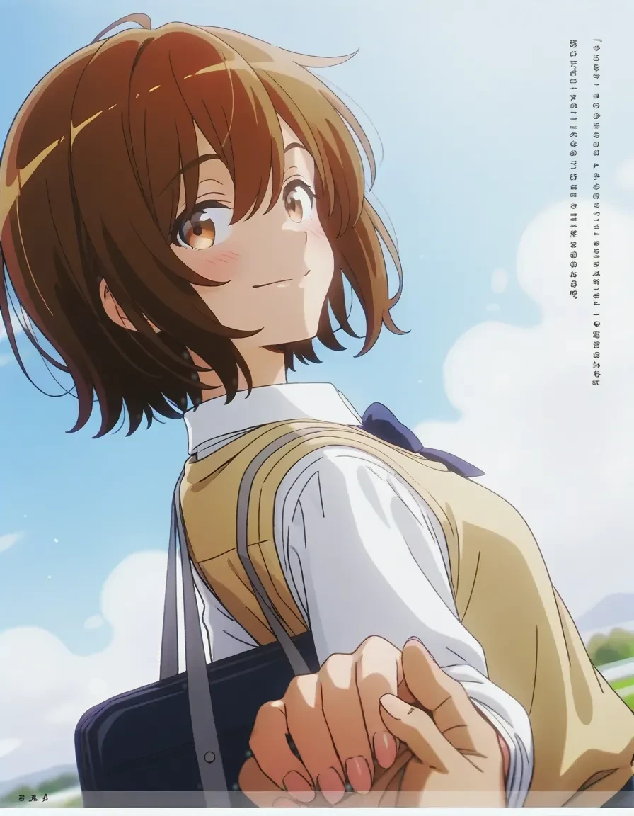 1girl, 
looking at viewer, (depth of field:0.9), (bokeh:0.9), (solo focus:0.9), three quarter view, dutch angle, brown hair, light particles, holding hands, out of frame, school uniform, happy birthday, sidelocks, character name, sweater vest, smile, pink nails, looking to the side, short hair, brown eyes, jacket, brown jacket, yellow sweater vest, sky, blush, pov hands, blue sky, pov, white shirt, cloud, hair between eyes, blazer, cloudy sky, upper body, fingernails, day, shirt, collared shirt, long sleeves, closed mouth, from side, outdoors,
The image portrays a young girl with brown hair and striking blue eyes, dressed in a school uniform consisting of a white blouse and a dark blazer. She stands against a backdrop of a clear sky dotted with fluffy clouds, her gaze directed towards the viewer with a slight smile on her face. The overall composition conveys a sense of calmness and anticipation for a significant event.
 <lora:shinjidai_V3:1> <lora:dmd2_sdxl_4step_lora_fp16:1>