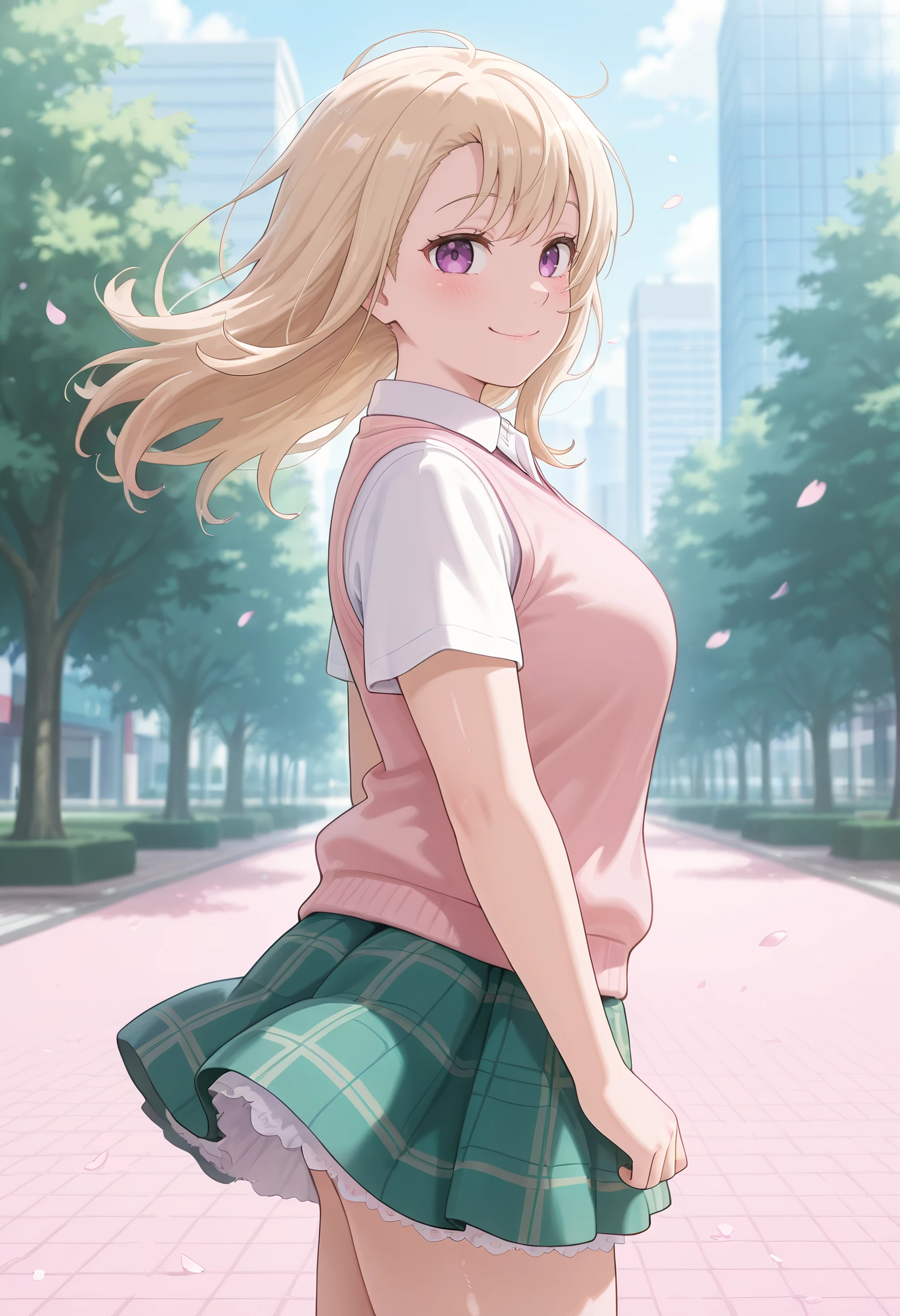 masterpiece,best quality,absurdres, amazing quality, shiny skin
tokyo \(city\), park, falling petals, cowboy shot, looking at viewer, standing, wind, wind lift, smile, from side, 
 <lora:KawaiiMona-11:1> kawaiimona, 1girl, long hair, blonde hair, purple eyes, shirt, white shirt, collared shirt, skirt, ((plaid yellow:1)), plaid skirt, short sleeves, pink sweater vest, green skirt, petticoat, miniskirt,