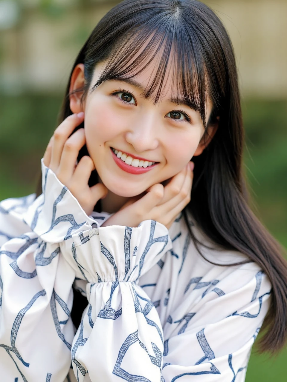 The image is a close-up photograph of a young woman named ichinose. She has straight, dark brown hair that falls just past her shoulders, framing her face. She wore light makeup, with light red lips. Her skin is fair and smooth, with a natural, healthy glow. She has large, expressive brown eyes, a small nose, and a wide, genuine smile that reveals her white teeth. Her cheeks are slightly flushed, adding to her youthful appearance.
ichinose is wearing a white blouse with a navy blue pattern of abstract shapes and lines. The blouse has long sleeves and a slightly loose fit, giving it a casual yet elegant look. Her right hand is gently touching her face, with her fingers resting on her cheek, adding a soft, intimate touch to the image.
The background is slightly out of focus, but it appears to be an outdoor setting, possibly a park or a garden, with blurred greenery and a hint of a building in the distance. The lighting is natural and bright, suggesting it is daytime. The overall mood of the photograph is cheerful and inviting, capturing a candid and relaxed moment of ichinose.
