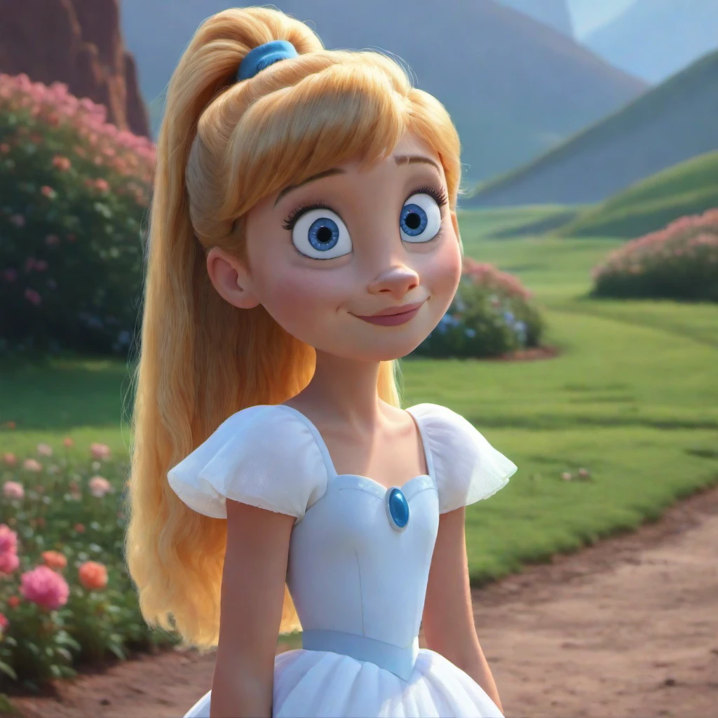 masterpiece, best quality, disney, 1girl, solo, blonde hair, high ponytail, blue eyes, white dress, upper body, <lora:LeafQuality3D_H_illustrious_Leaf2:1> , outdoors, depth of field, looking at viewer,