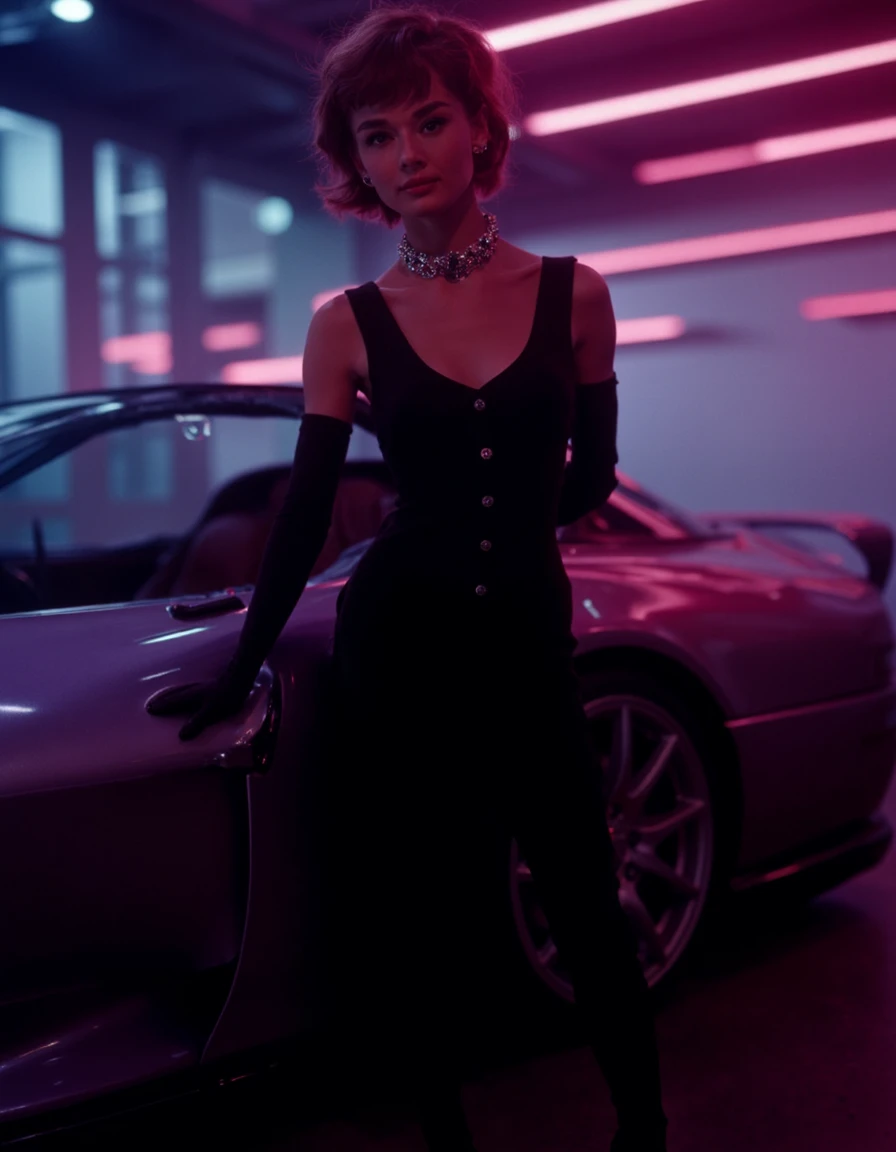 4udr3yh3p8urn, a woman dressed in a tailored black jumpsuit with statement jewelry, leaning against a sleek sports car under vibrant neon lights <lora:F1D_Audrey-Hepburn_v01e09:1.0>, dynamic lighting effects, sharp details, modern cinematic look, edgy yet sophisticated styleâââ