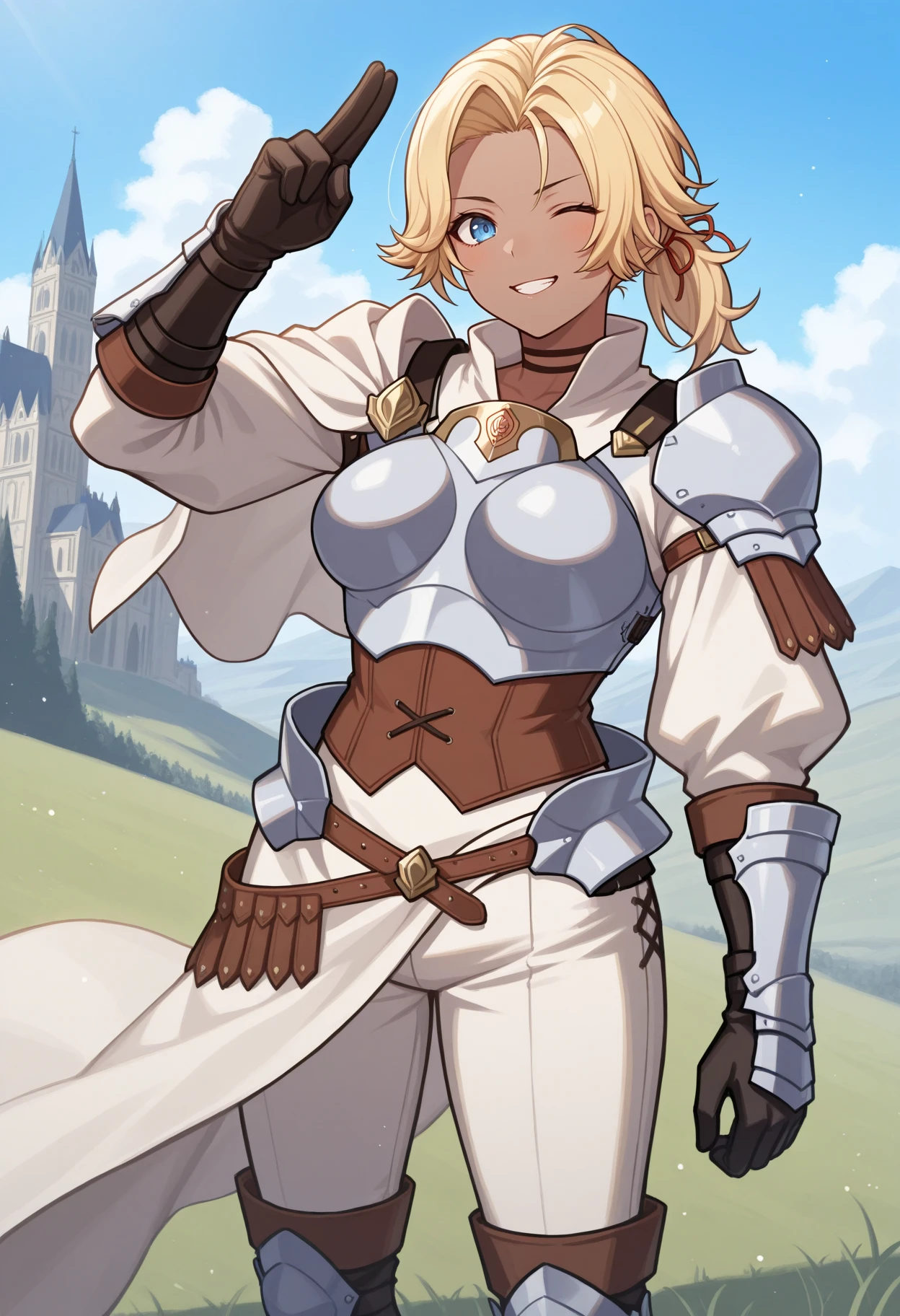 masterpiece, best quality, 1girl, looking at viewer, grin, two-finger salute, one eye closed, standing, feet out of frame, <lora:CatherineFE-illu:1> dfCath, blonde hair, short ponytail, curtained hair, blue eyes, dark-skinned female, choker, pauldrons, white capelet, boobplate, puffy sleeves, vambraces, leather gloves, brown corset, waist cape, faulds, brown belt, white pants, thigh boots, knee pads, black footwear, outdoors, blue sky, hill, cathedral