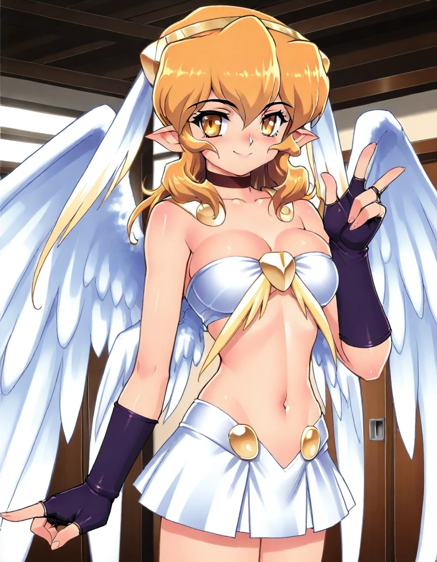 <lora:InjuuGenmu_AiO_illust_p2-000035:0.8> 1girl, solo, lissele, winged headwear
bandeau, choker, fingerless gloves, miniskirt
upper body, standing, looking at viewer, smile, w sign
masterpiece, best quality, looking at viewer, ig3rdstyle, indoors, real world location, anime coloring