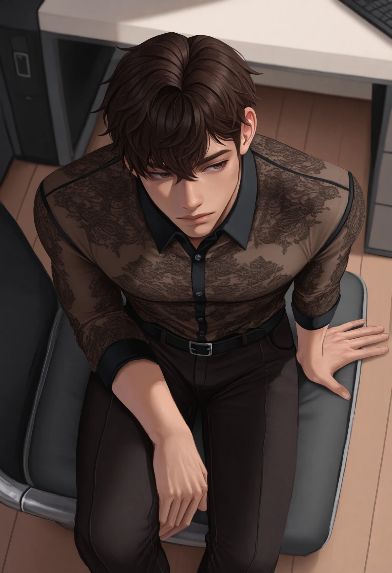 <lora:EclipticaILXL-000015:1> 3cl1pt1ca,
1boy, short hair, male focus, sitting, solo, brown hair, from above, masterpiece, best quality, amazing quality, intricate detail, highly detailed, absurdres,
