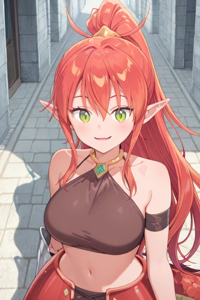 (score_9, score_8_up, score_8, score_9, ASCII score_9), (source_anime), (masterpiece best quality), (beautiful atmosphere), (sharp eyelid, sharp eyelashes, thick eyelashes, long eyelashes), (sharped face, beauty makeup), (beautiful skin, beautiful face), (perfect anatomy), (beautiful detailed face, beautiful oval face), (sharp out line), (ultra-detailed), (best illustration), (best shadow), (absurdres), (detailed background), (very aesthetic), (iper detailed eyes), (ultra detailed eyes), (looking at viewer), (looking at you), cinematic scene, (1girl), solo, (Ulmandra), (big breasts), (salaryman ga isekai ni ittara shitennou ni natta hanashi), (pointy ears), long hair, solo, (red hair), smile, navel, tail, seductive smile, ponytail, jewelry, midriff, (dragon girl), (red tail), (green eyes), armor, very long hair, cowboy shot, Expressiveh, scales, scalie, scaly, fang, parted lips, armored skirt, armlet, asymmetrical gloves, demon girl, hair between eyes, (slit pupils), brown tank top, <lora:ApexAiUlmandraIllustrious:1>,