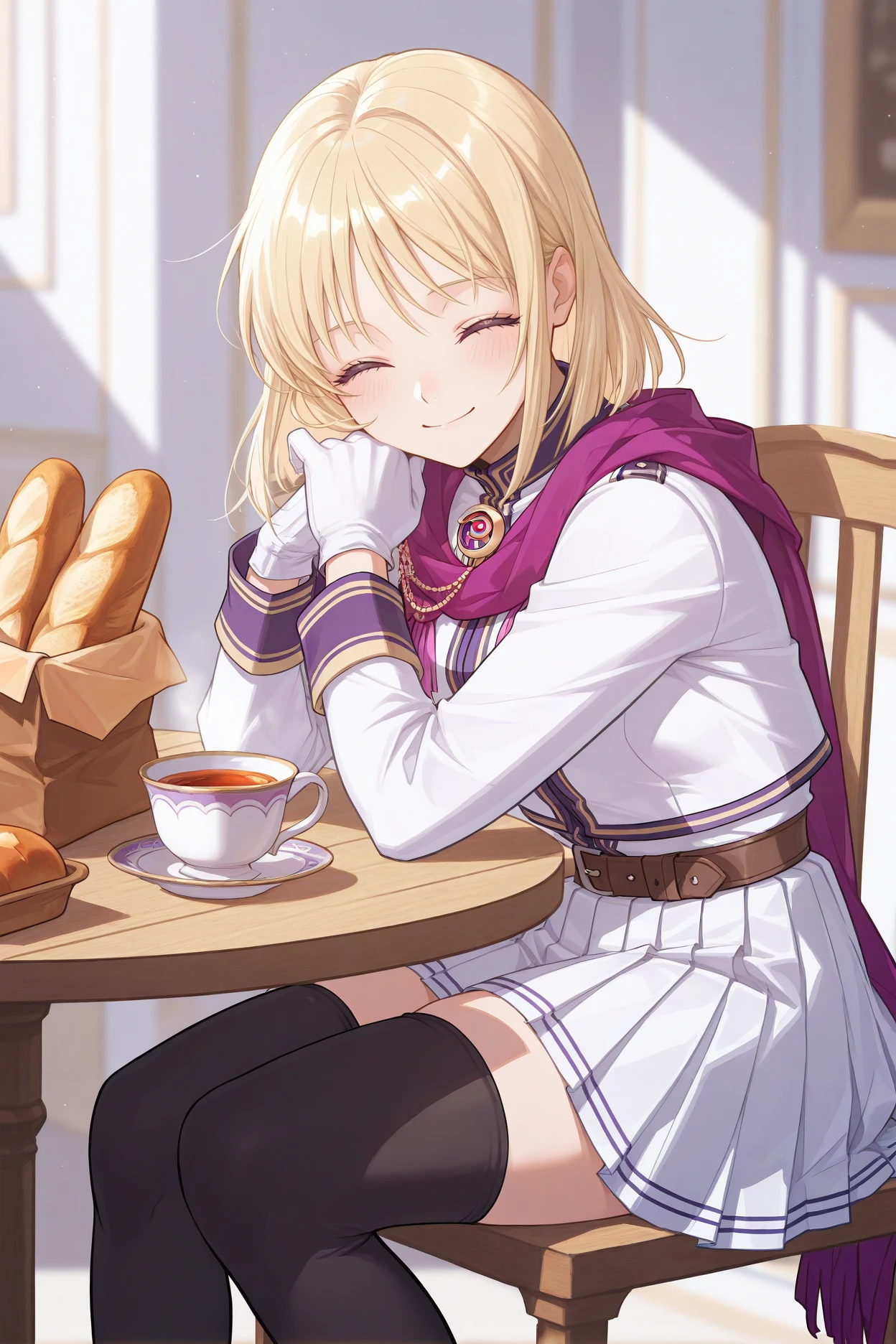 masterpiece, best quality, 1girl, solo, <lora:yselena-illu-nvwls-v1-000006:1> yselena, blonde hair, medium hair, purple scarf, white jacket, pleated skirt, white skirt, white gloves, belt, black thighhighs, sitting, table, chair, bread, tea, looking at viewer, smile, closed eyes, blush