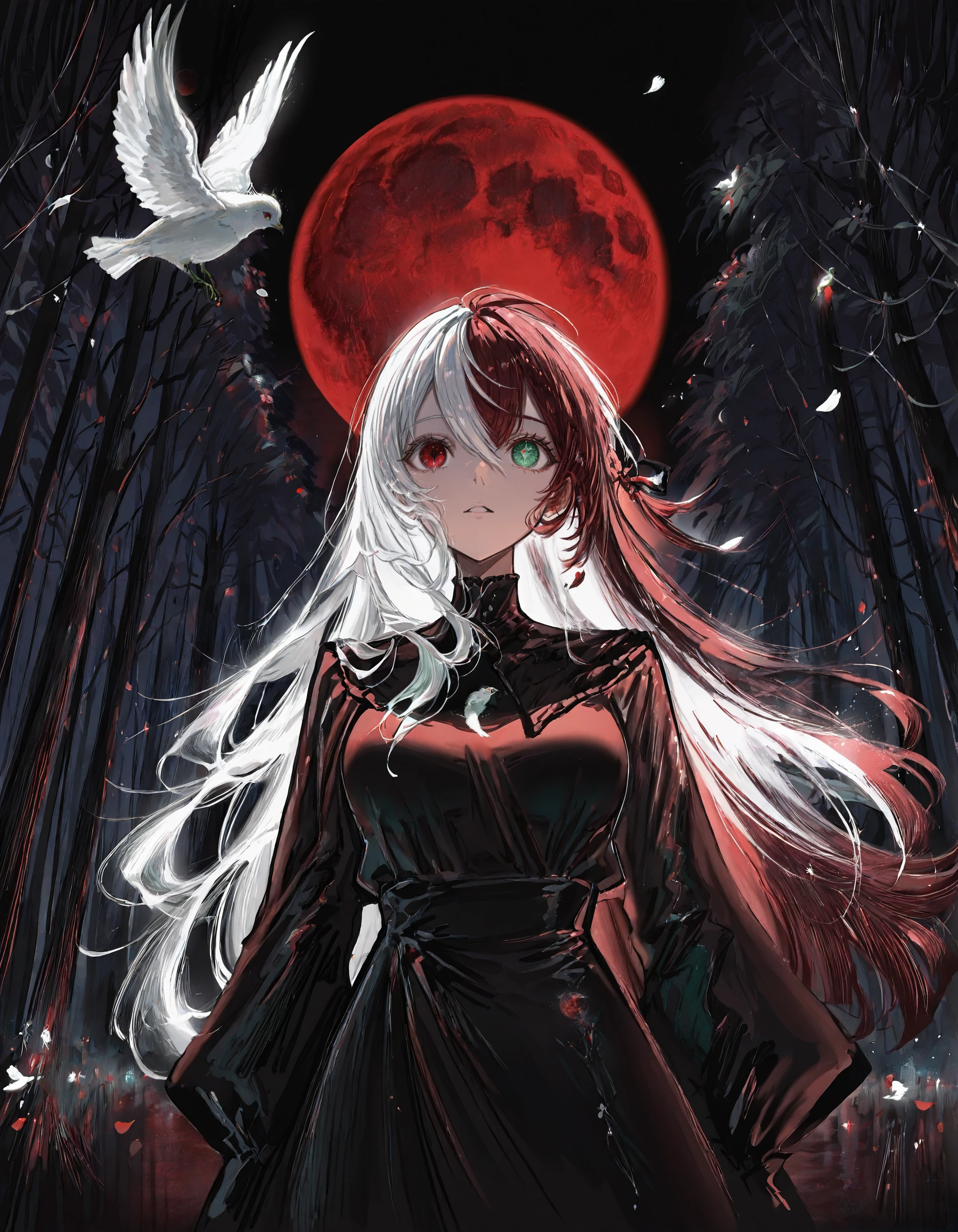 masterpiece, best quality, very aesthetic,newest, very awa,  g1gzagu123_illu,,1girl,heterochromia, green eyes, red eyes, split-color hair, green_hair,white hair,night,red moon, night,white petals,black petals, white bird, green bird, abstract background, forest, <lora:g1gzagu123:1>