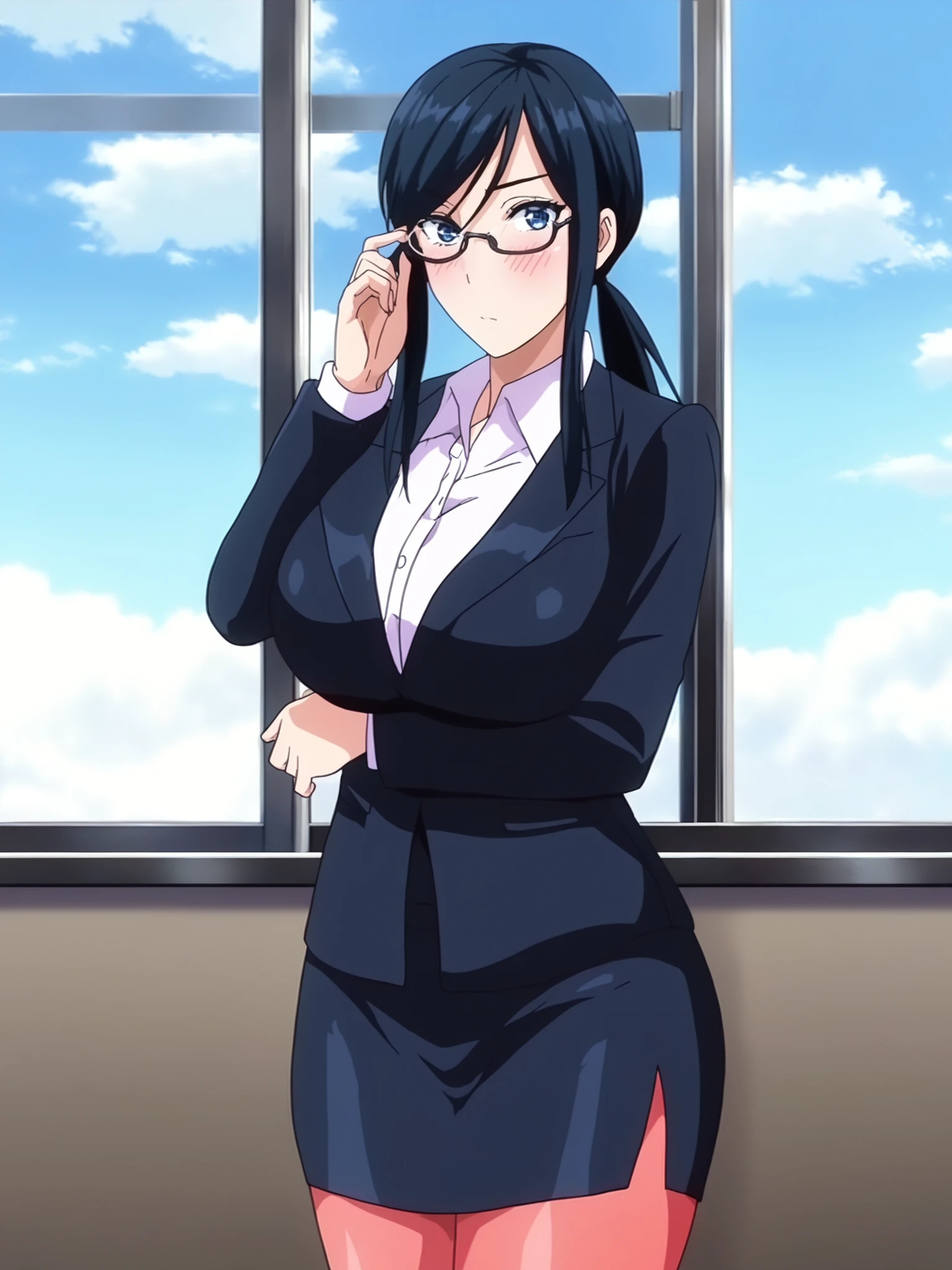 masterpiece, good quality, best quality, very as2, absurdres, highres, shadow, anime screenshot, 
takamine ayako, 1girl, cowboy shot, mature female,
standing, adjusting eyewear,
looking at viewer, confident, blush,
black hair, long hair, low ponytail, blue eyes,
pink pantyhose, black blazer, white shirt, miniskirt, pencil skirt
curvy, large breasts, thighs,
indoors, window, day, blue skies, clouds,
<lora:Takamine Ayako 3216NoobAIVpred10MinSnr:1>