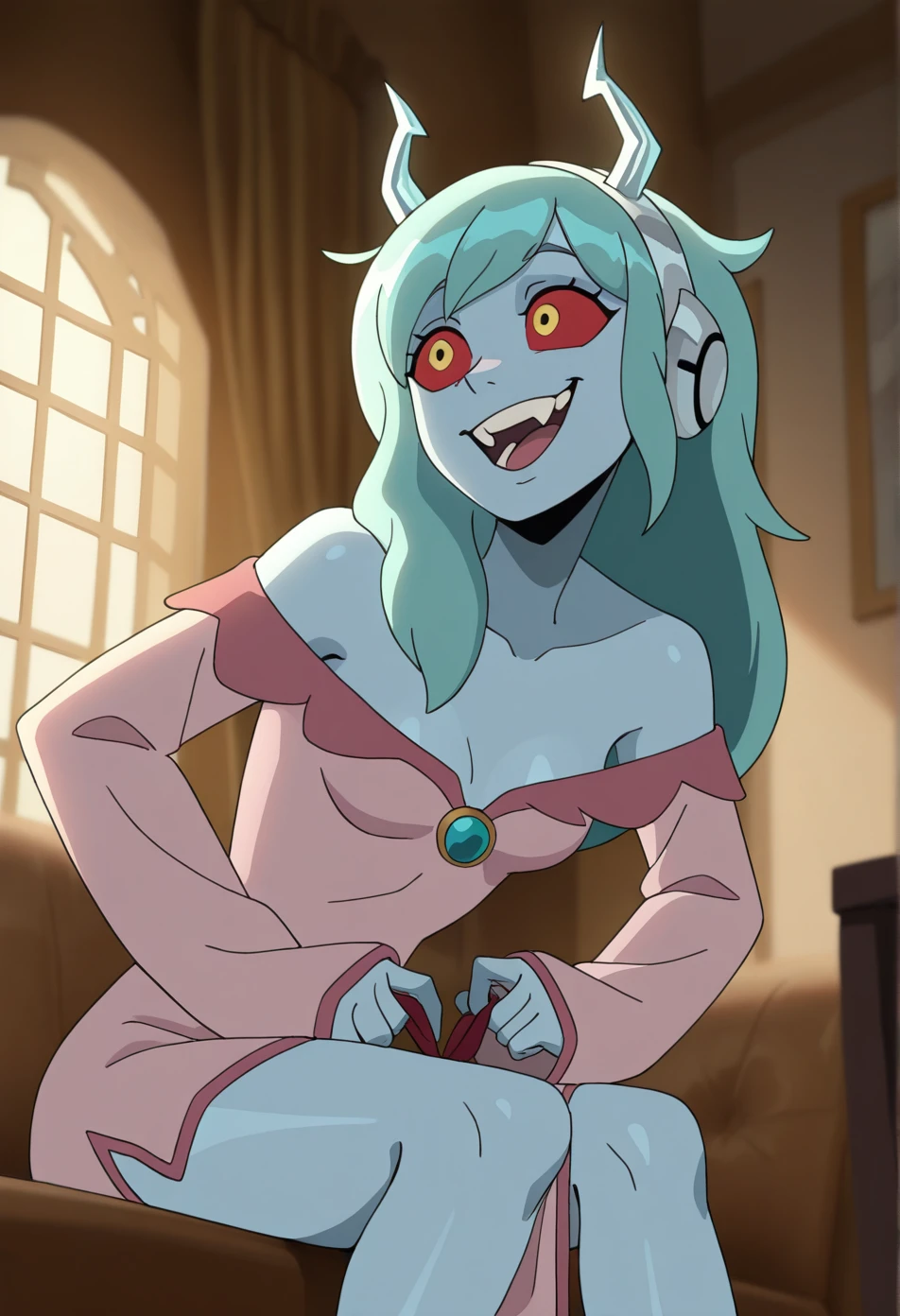 masterpiece,absurdres,best quality,very aesthetic,newest,volumetric lighting,female,solo,ripped,turquoise hair,Messy Side Swept Hair,Brown and ash blonde balayage,baby bangs,tiny breasts,yellow eyes,looking outside,red sclera,constricted pupils}Glacial Blue skin,Off-shoulder dress,brooch,sleeves past wrists,pink dress,china dress,no tail,robot ears,Twisted Bull Horns,Incisor Teeth,excited,perspective,Sitting, leaning forward to tie shoelaces,Medium close-up,Quiet Bay with Small Sailboats Bobbing on Gentle Waves, <lora:Ultimatespiderman5:0.6>, ultsm99