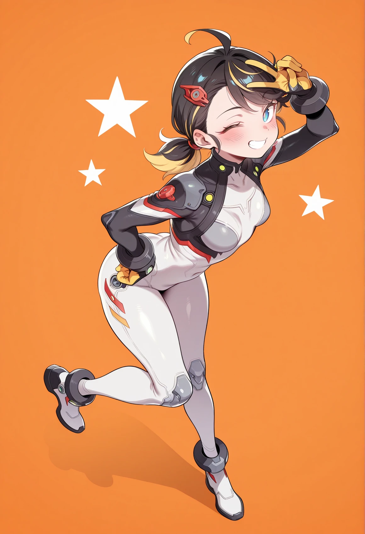 ter \(otokoter\), 1girl, medium hair, blue eyes, multicolored hair, low ponytail, black hair, blonde hair, hair ornament, bodysuit, full bodysuit, simple background, orange background, star \(symbol\), wink, v, hand on own hip <lora:Penny_Parker_Rivals:1>, masterpiece, best quality, amazing quality, very aesthetic, absurdres, highres, newest