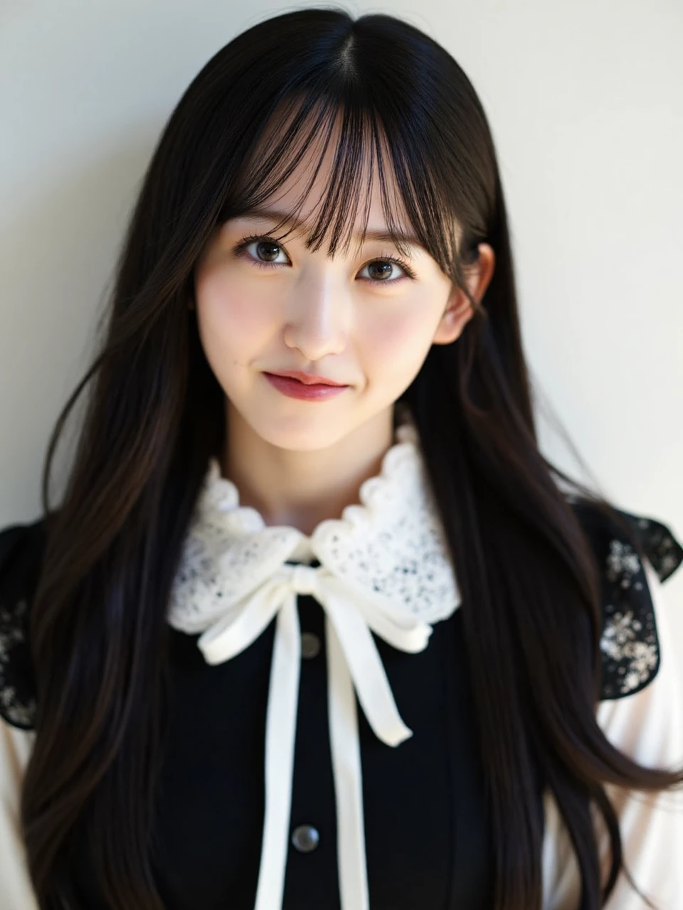 The image is a portrait of a young women named ichinose with long dark hair and bangs. She is wearing a black dress with a white lace collar. The collar is tied in a bow at the neckline and has a white ribbon tied around it. The woman is looking directly at the camera with a serious expression on her face. The background is blurred, making the woman the focal point of the image. The lighting is soft and natural, highlighting her features.