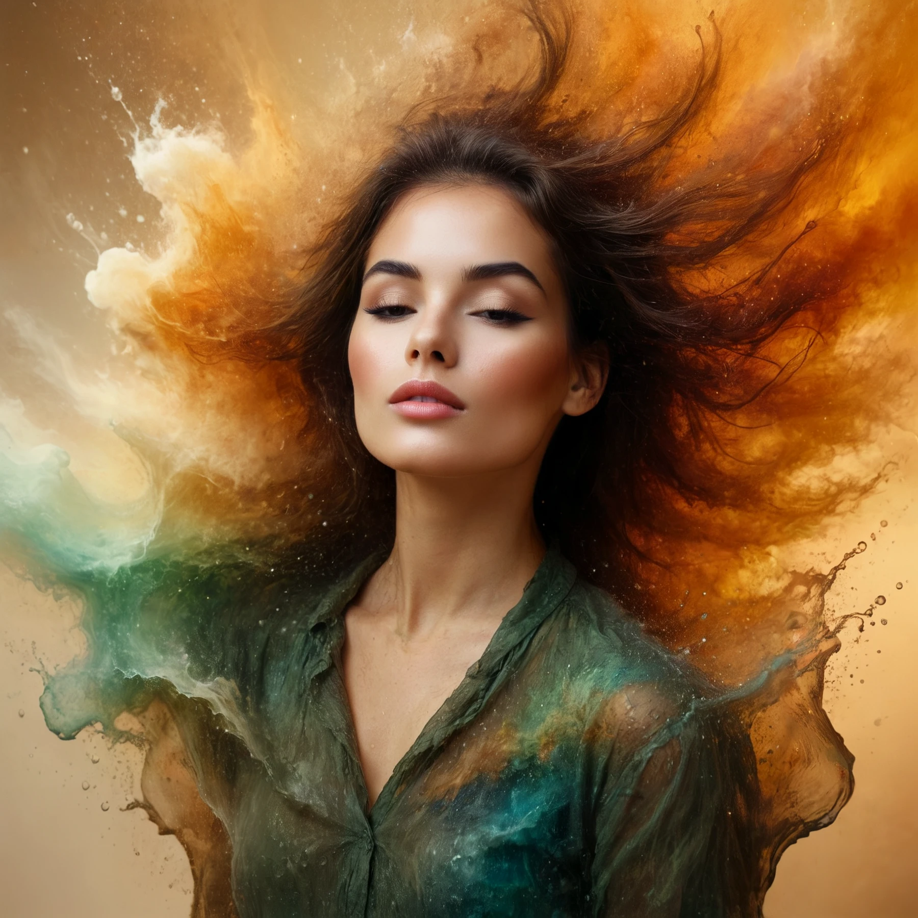 A woman surrounded by a colorful cloud of water. earth tones. Autumnal.

<lora:Splash01a_CE_XL_300-OT:0.6> splshCE_style`