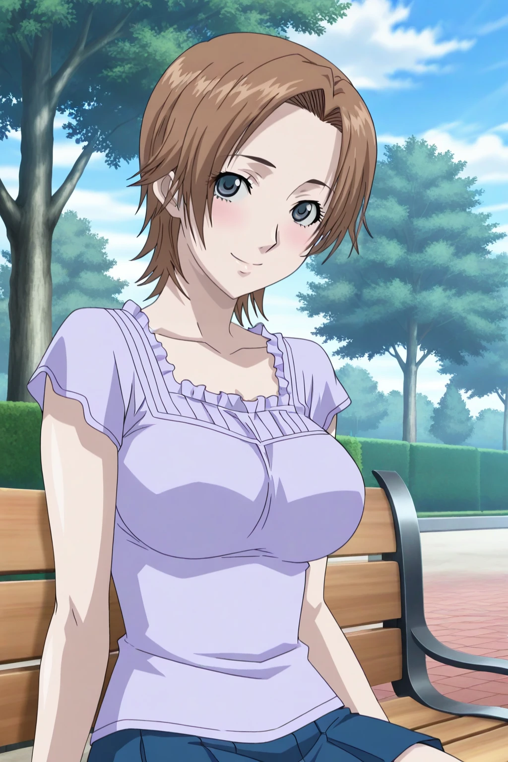 anime screenshot, air gear, 1girl, solo, kyo (air gear), brown hair, short hair, parted bangs, blue eyes, large breasts, purple shirt, t-shirt, frilled shirt, short sleeves, blue skirt, pleated skirt, looking at viewer, smile, sitting cowboy shot, outdoors, blue sky, park, bench, masterpiece, best quality, high quality, highres, absurdres, <lora:kyo_air_gear_ILXL:0.9>