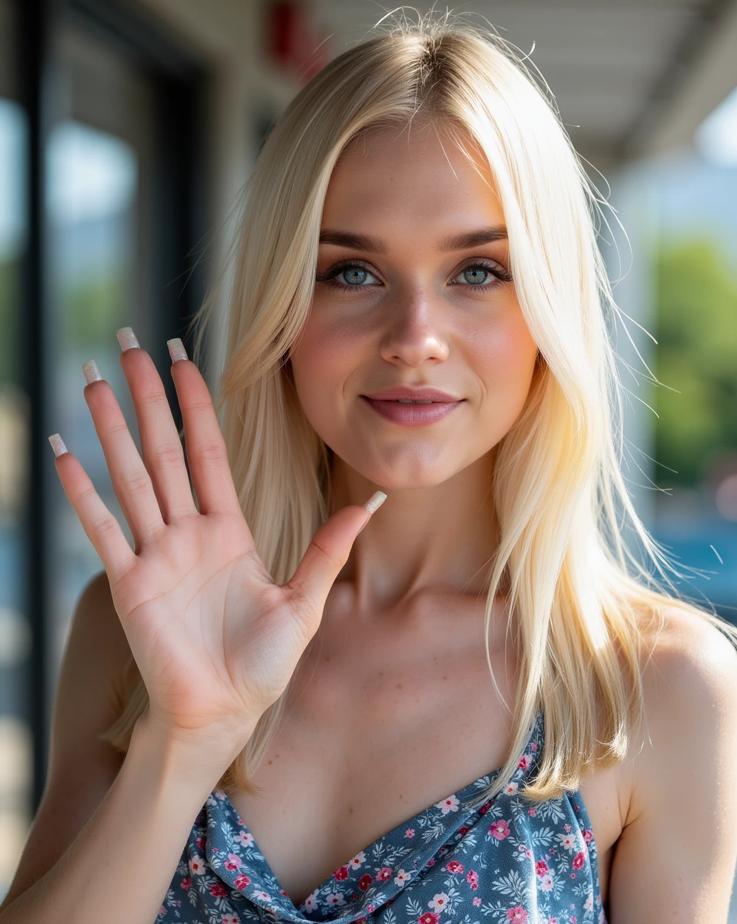 photoshoot of Gabriela Skyrpan, blonde hair, waving hello at the viewer.