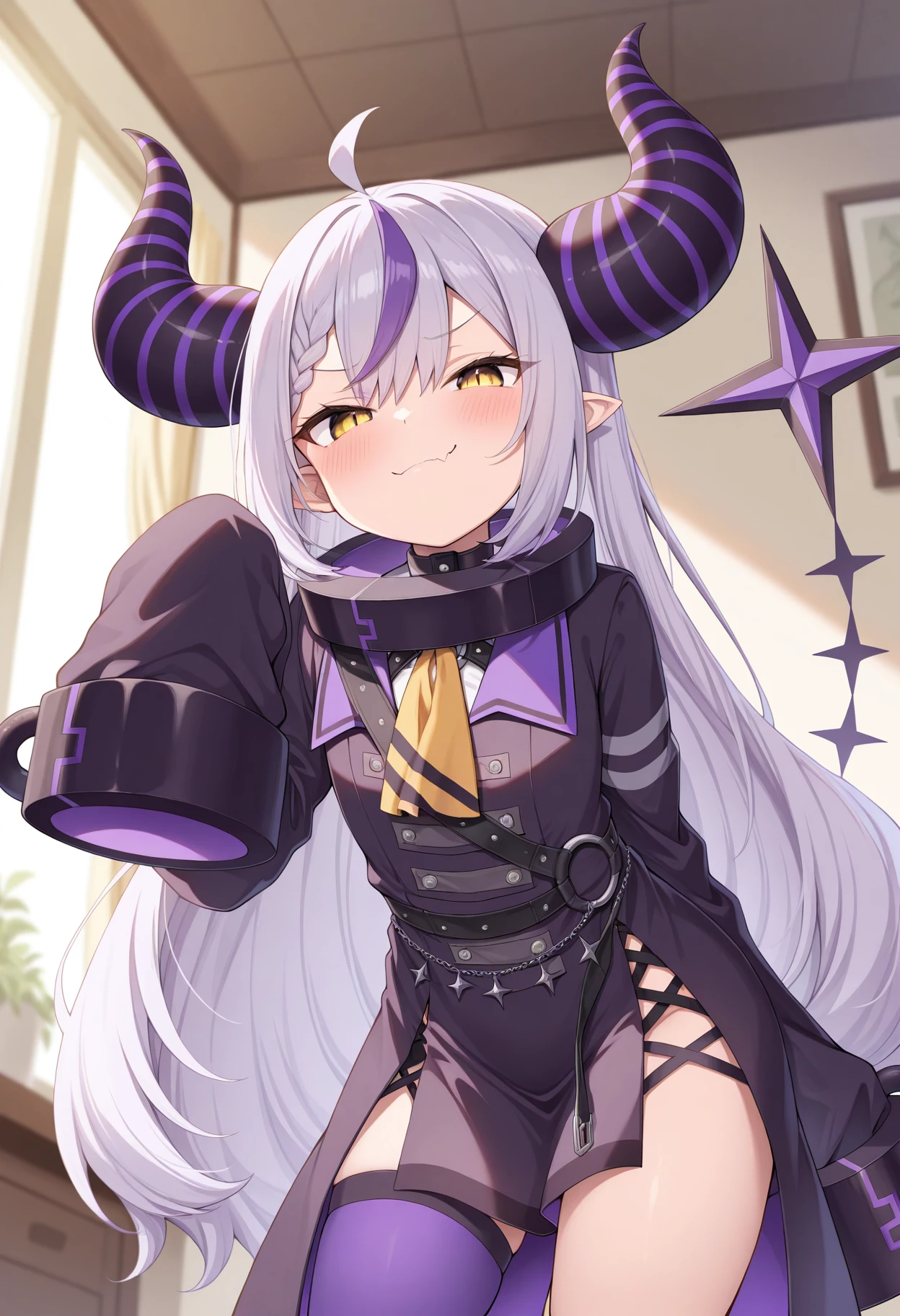 masterpiece, absurdres, highres, 1girl, ct_l4plus, flat chest, metal collar, purple coat, yellow ascot, sleeves past fingers, single thighhigh, purple thighhigh, day, depth of field, looking at viewer, mesugaki, smug, skin fang, indoors, ai