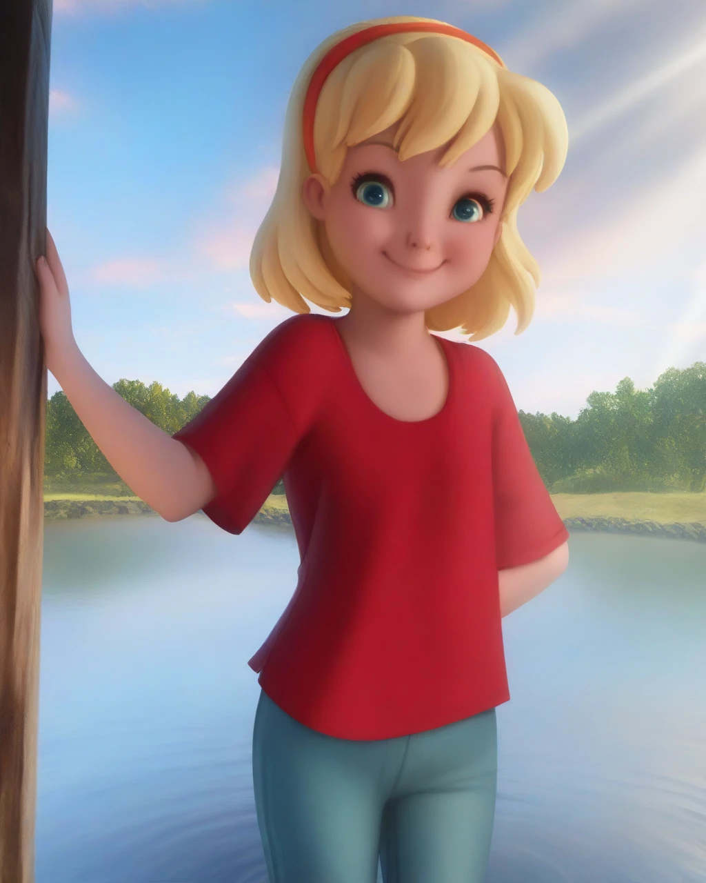 very awa, masterpiece, best quality, 1girl, solo, female child, robynstarling, red hairband, red shirt, short sleeves, long pants, blue pants, cowboy shot, smile, looking at viewer, cabin, tree, river, cloudy, light rays