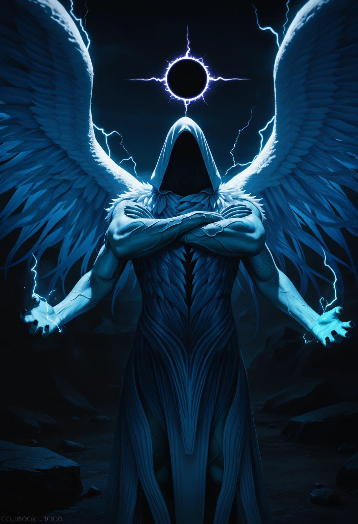 masterpiece, best quality, newest, absurdres, highres, realistic, photorealistic, outdoors, dark, night, 1other, solo,
monster, no humans, akedkurrrl, faceless, no eyes, no mouth, extra arms, veins, angel wings, hood up, hooded robe, white robe, aura, energy, energy overflow, aura overflow, glowing, electricity, powering up, fighting stance  <lora:Darklurker:1>