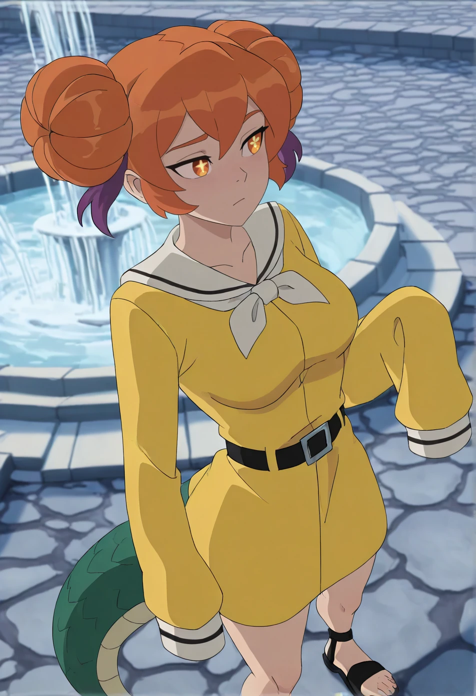 masterpiece,absurdres,best quality,very aesthetic,newest,female,solo,giant,orange hair,Messy Bun,Purple and magenta highlights,wispy bangs,medium breasts,orange eyes,looking away,no sclera,symbol-shaped pupils}Celestial Silver skin,black lace dress with white polka dot accents and a fitted waist finished with black strappy sandals,belt,sleeves past fingers,yellow dress,sailor dress,Dragon tail,human ears,no horns,no makeup,sadness,perspective,hovering slightly off ground,Medium shot,Cobblestone Village Square with a Fountain at Its Center, <lora:Ultimatespiderman5:0.6>, ultsm99