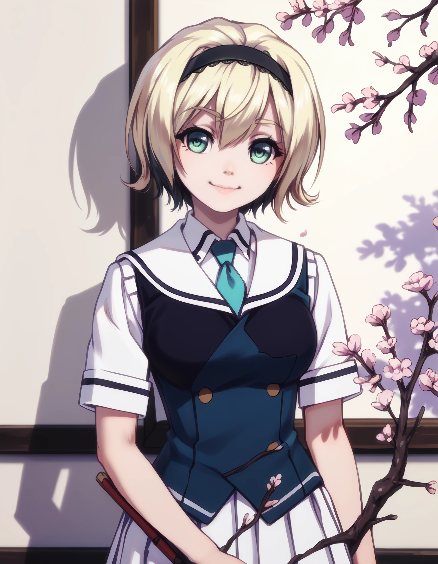 <lora:sakurako_kujirase_pony:1> score_9, score_8_up, score_7_up,source_anime, rating:safe, sakurako_kujirase, short_hair, hairband, blonde_hair, hair_between_eyes, green_eyes, aqua_eyes, school_uniform, collared_shirt, white_shirt, blue_necktie, vest, short_sleeves, pleated_skirt, white_skirt, black_pantyhose, black_footwear, 1girl, bare_shoulders, branch, breasts, cherry_blossoms, cleavage, holding, holding_branch, medium_breasts, petals, picture_frame, sleeveless, smile, solo, shadow, contrast, glow, (personal_ami:1.1),, masterpiece, detailed, best_quality