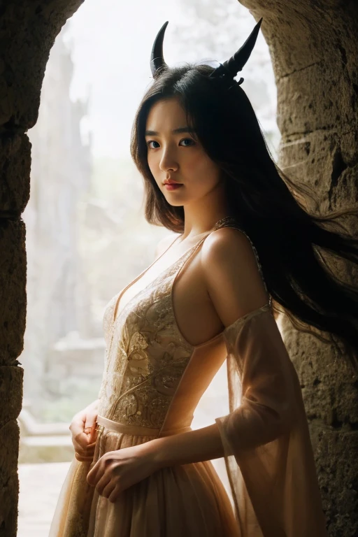 unparalleled 8K UHD professional photograph that stands as a testament to the zenith of artistic vision, set against the backdrop of a spellbinding fantasy realm. At the heart of this realm is a 19-year-old girl with large , a figure of sublime beauty with cascading soft black hair that glimmers like strands of starlight. Her presence is a harmonious contradiction: while her visage radiates innocence, her amazingly elegantly arched black devil horns unveil her true identity as a bona fide real demon. These devil horns, majestic yet menacing, are a perfect embodiment of her dual nature, blending seamlessly with her enchanting allure. Her pale hands, captured in exquisite detail, are not just visually striking but are also imbued with the narrative of her demonic heritage, each line and curve a whisper of her ancient lineage. By her side stands a majestic, enigmatic giant crow, a noble companion whose presence complements her own formidable essence. Their bond transcends the ordinary, radiating a joy that is both pure and deeply rooted in their shared mystical bond. The scene is bathed in a resplendent natural light that not only illuminates but also enhances the surreal elements of this otherworldly setting. The light weaves through her hair, dances around her horns, and casts a noble glow on her scary giant crow companion, against a backdrop that is vibrant and dreamlike. This composition is a masterful interplay of light and shadow, adding depth and dimension, and rendering every texture so vivid that it feels tangible. This photograph is more than a visual feast; it's an immersive experience. The viewer is not merely observing but is drawn into a world where the line between reality and fantasy blurs, touched by the beauty, mystery, and intrinsic joy of this demon girl and her mythical crow. It's a portrayal that transcends the medium, capturing the essence of their otherworldly existence in a moment frozen in time.