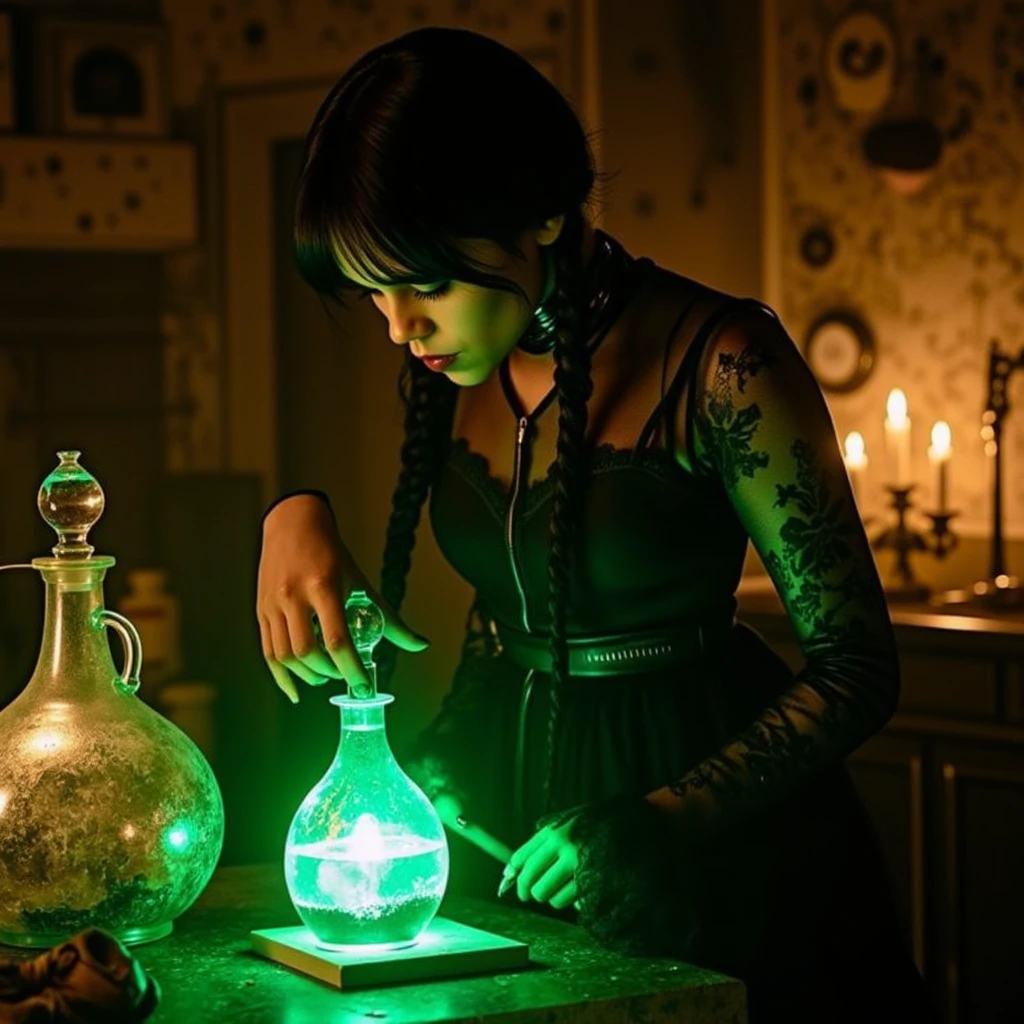 Ultra quality, ultra detailed, ultra defined textures, cinematic, dramatic lighting, half body shot, candlelit alchemist's laboratory filled with bubbling vials, dusty books, and strange artifacts, Wednesday wears a sleek, modern gothic dress with a high slit and intricate lace sleeves. She leans over a desk, examining a glowing green potion in a crystal vial. Overhead view capturing her sharp focus, with shadows flickering across her face. The room glows with an otherworldly green hue from the potion, creating a magical yet sinister atmosphere.<lora:wednesday-addams-flux:1>w3dn3sd4y, Photorealistic, Hyperrealistic, Hyperdetailed, analog style, soft lighting, subsurface scattering, realistic, heavy shadow, masterpiece, best quality, ultra realistic, 8k, golden ratio, Intricate, High Detail, film photography, soft focus