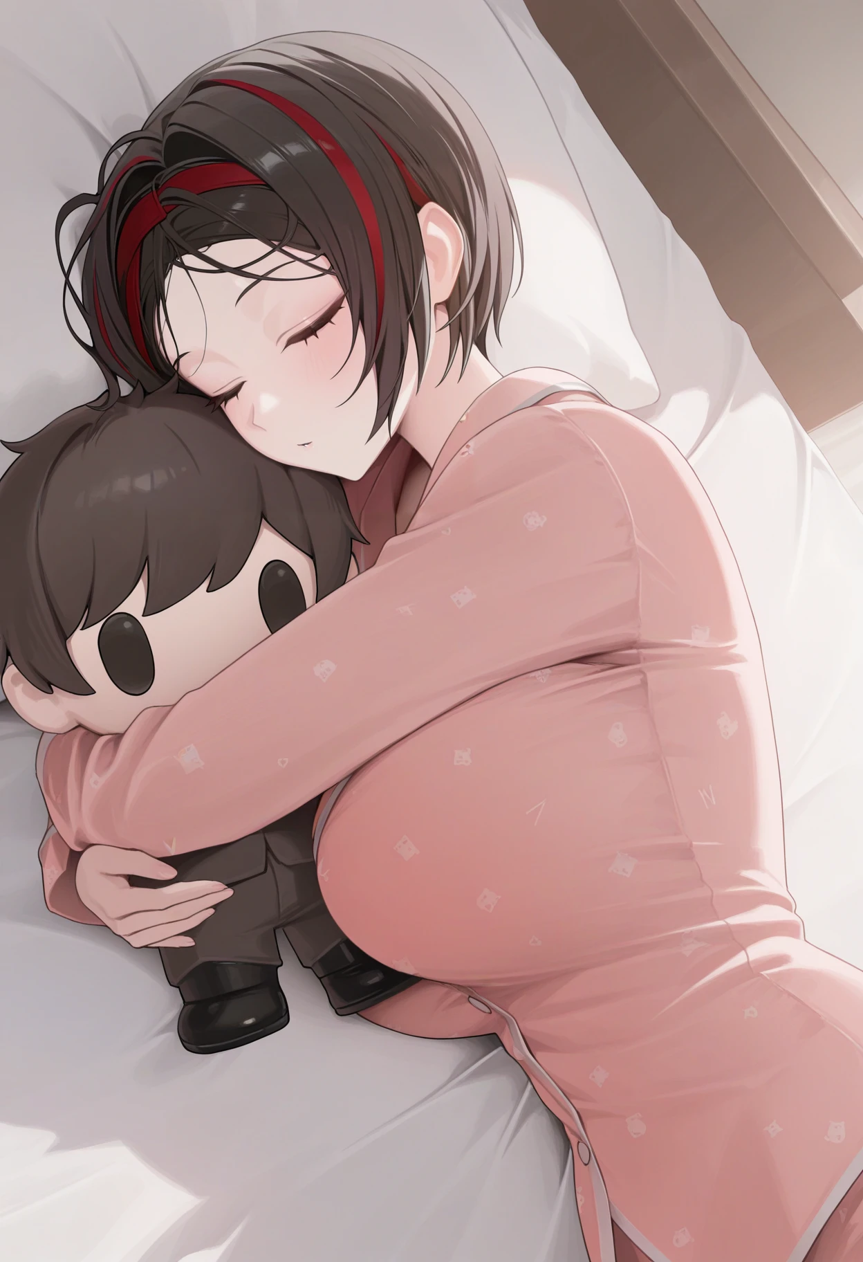 masterpiece, best quality, newest, absurdres, highres, 1girl, solo, <lora:crow-nikke-richy-v1_ixl:1> nkcrw, black hair, streaked hair, red hair, short hair, hairband, breasts, <lora:commanderdoll-nikke-richy-v1_ixl:1> commander doll, holding doll, hugging doll, bed, bedroom, sleeping, pajamas, lying, on side, cuddling,