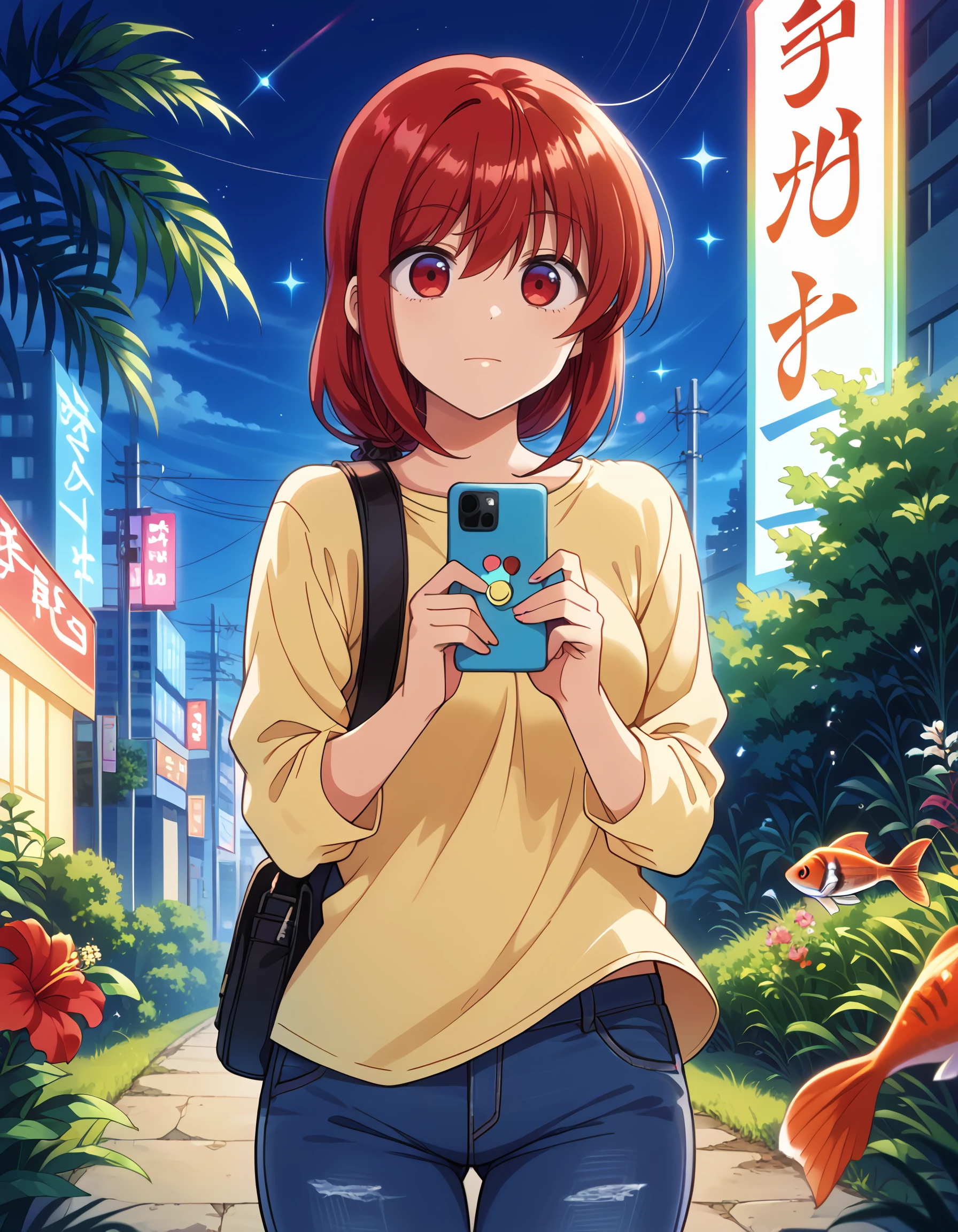 <lora:natsumi_pony:1> score_9, score_8_up, score_7_up,source_anime, rating:safe, natsumi, long_hair, red_hair, red_eyes, mature_female, yellow_shirt, denim, jeans, neon_palette, neon_lights, colorful, (kujou_karasuma:1.1), 1girl, blurry, bokeh, cd, cellphone, clownfish, deformed, depth_of_field, fish, flip_phone, flower, frutiger_aero, goldfish, grass, hand_soap, hibiscus, holding_juice_box, musical_note, outdoors, phone, rabbit_ears, rainbow, sky, soap_bottle, solo, sparkle, standing, masterpiece, detailed, best_quality