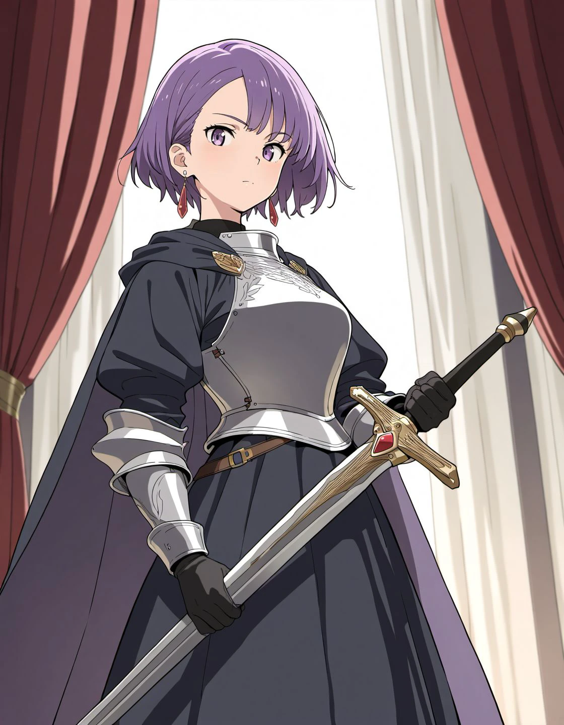 masterpiece, best quality, amazing quality, very aesthetic, high resolution, <lora:fabula_ultima_character_style_v3_illustrious_epoch_7:0.9>, flat color, four fingers and a thumb,
fabula-ultima, 1girl, solo, sword, weapon, armor, short hair, earrings, jewelry, looking at viewer, holding sword, holding weapon, holding, gloves, curtains, cape, closed mouth, purple eyes, knight, standing, breastplate, dress, black gloves,