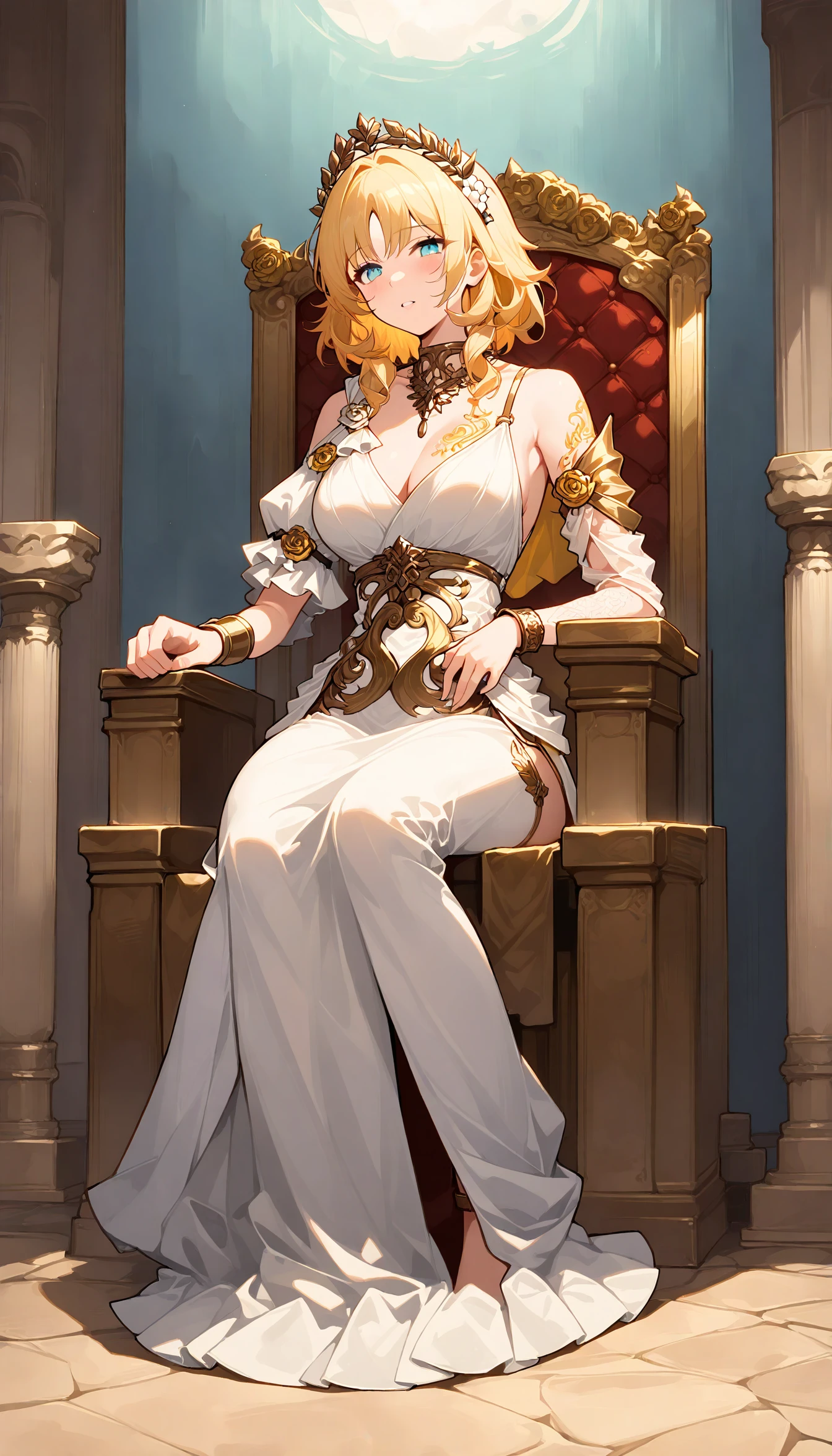 In an opulent palace hall, a towering goddess reclines on a grand throne, her flowing robe cascading over the golden steps. At her feet, humans of normal size offer tributes, their heads barely reaching her ankles, as her serene gaze surveys the room.