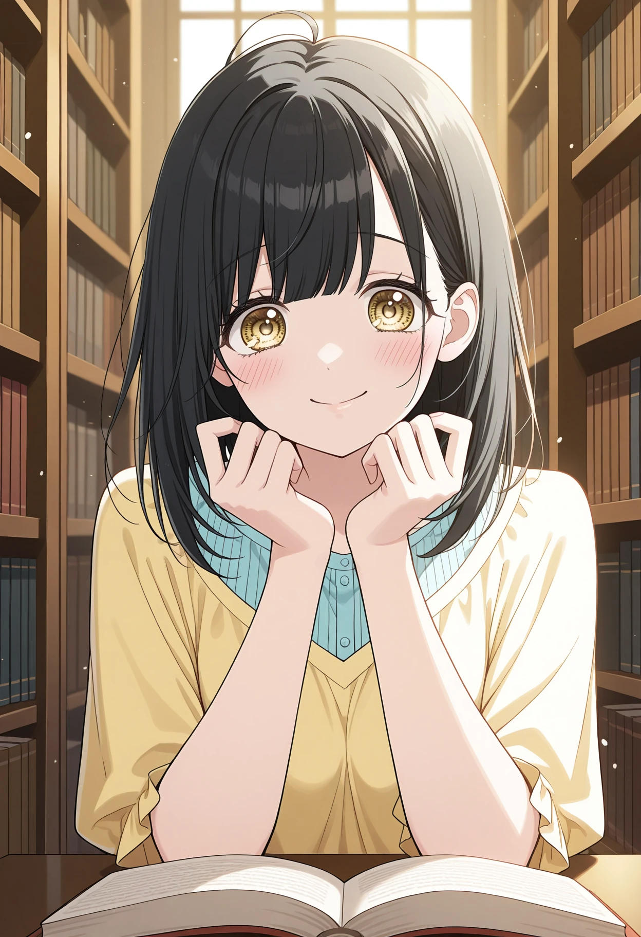masterpiece, best quality 1girl,solo, black hair, medium hair, yellow eyes,
library, bookshelf, open_book, smiling, soft_lighting, blush, cute_pose, timid_expression, dust_particles, bright_colors, cozy,
<lora:ishimori_uka_meipaws_1:1>