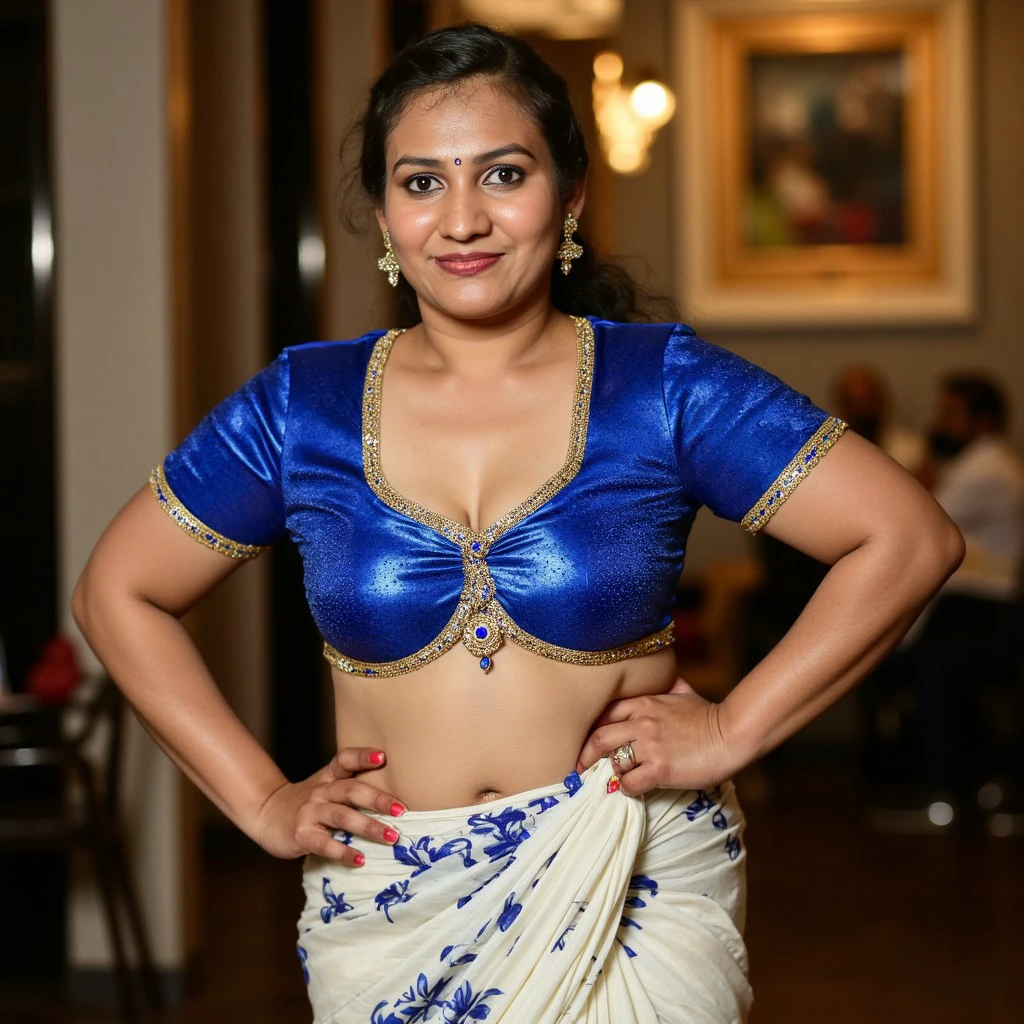 Theme:Nikkon DSLR sharp full image capture Sharing voluptuous curvaceous chubby wife with old men for money . wife has perfectly fit body figure with big breast and indian dusky skin tone and top ponytail black hair.wearing half sleeve glossy wet vibrant blue sequins blouse and white floral print twisted and twirled bhojpuri nylon item dancer saree tugged and pinned to waist , no makeup, no jewels . High quality photo.photo taken in nikon camera.full size photo.indoor photo.front photo.full size photo, Looking at viewer, she provocatively dancing, undraping and stripping her the saree , before I tense group sex with 3 masked old men strip her saree, Chennai ceo lounge room