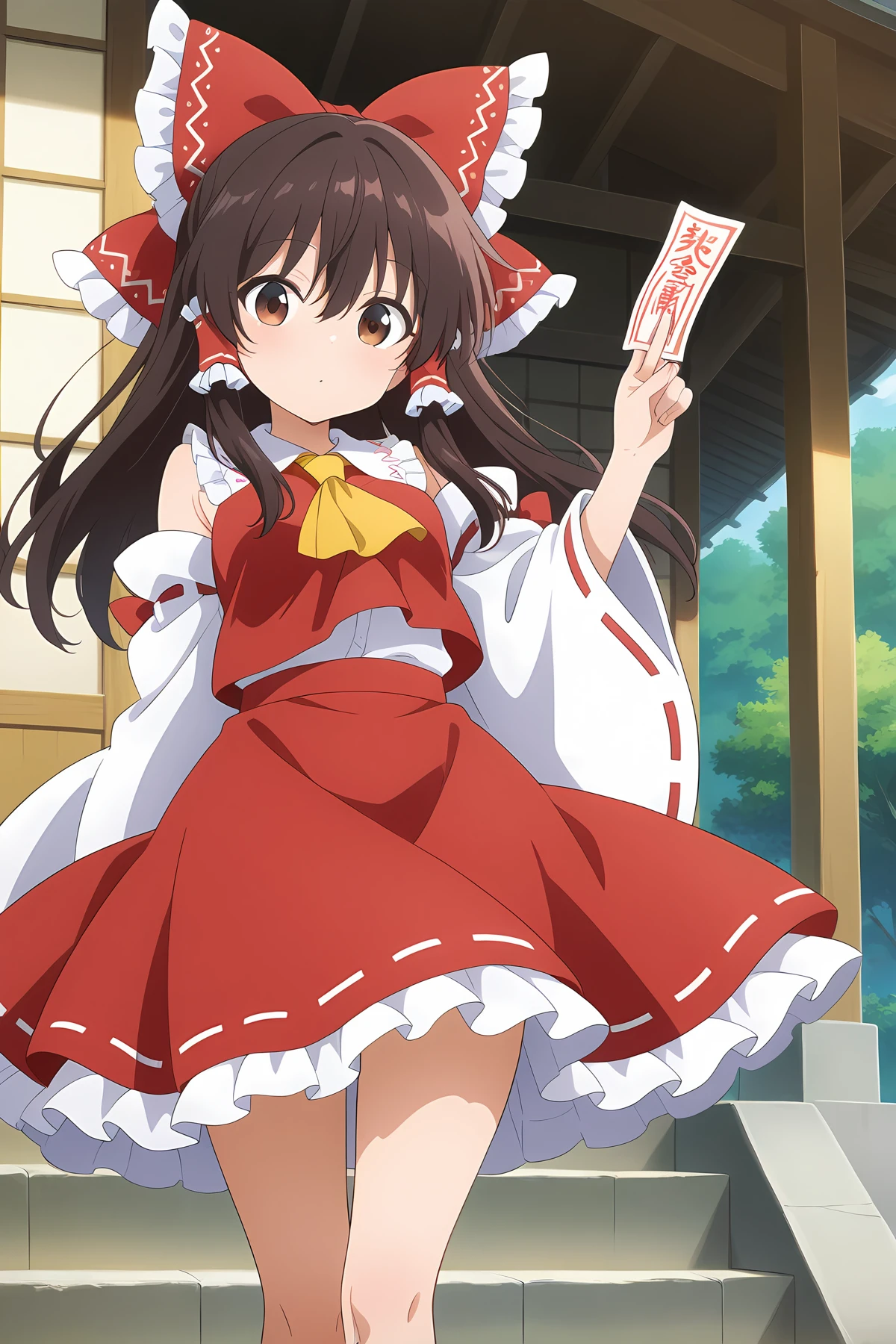 detailed, absurdres, highres, masterpiece, best quality, amazing quality, looking at viewer, outside, official anime artwork, screencap, anime screencap,
 <lora:Hakurei-Reimu_Illustrious:1> hakurei reimu, 1girl, solo, long hair, brown hair, brown eyes, bangs, sidelocks, hair between eyes, small breasts,, bow, hair bow, hair tubes, red bow, ascot, frilled bow, yellow ascot, ribbon-trimmed detached wide sleeves, red skirt, ribbon trim, ofuda