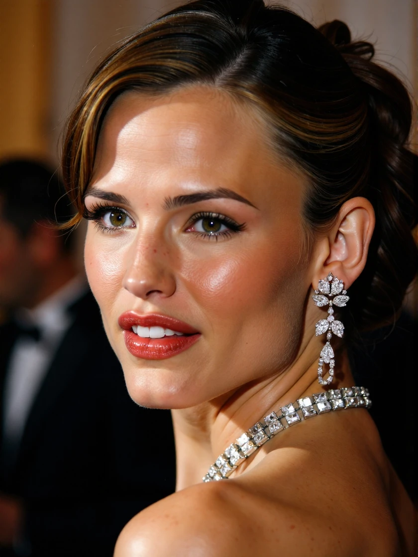 <lora:Jennifer_Garner_Ca2004_v1:1> woman, extreme close-up, zoomed, focus on face, centered, macro shot, face centered, focus on eyes, looking directly at the viewer, looking directly at the camera, making eye contact, looking straight ahead, red lips, long eyelashes, hair styled in curls, blush, eyeshadow and eyeliner, lots of extravagant silver and diamond jewelry., modest clothes, modest apparel, chest covered, modesty <lora:zz_s_Chest_Size_Slider:-2>, an extremely charismatic and captivating smile, a close-up profile photograph, looking back, smiling, wavy, tinted hair, well-groomed and styled, cascading in soft waves, background is a blurred view of an awards ceremony, emphasizing the texture and color variations in the hair, overall effect is natural and elegant, showcasing the beauty of the hair in a detailed and artistic manner, lighting effects, diffused lighting on skin, skin pores, matte skin, skin imperfections. <lora:zz_s_Fluxartis:0.5> A highly detailed cinematic photography.<lora:zz_s_Stylish_Lighting:0.5>âââ