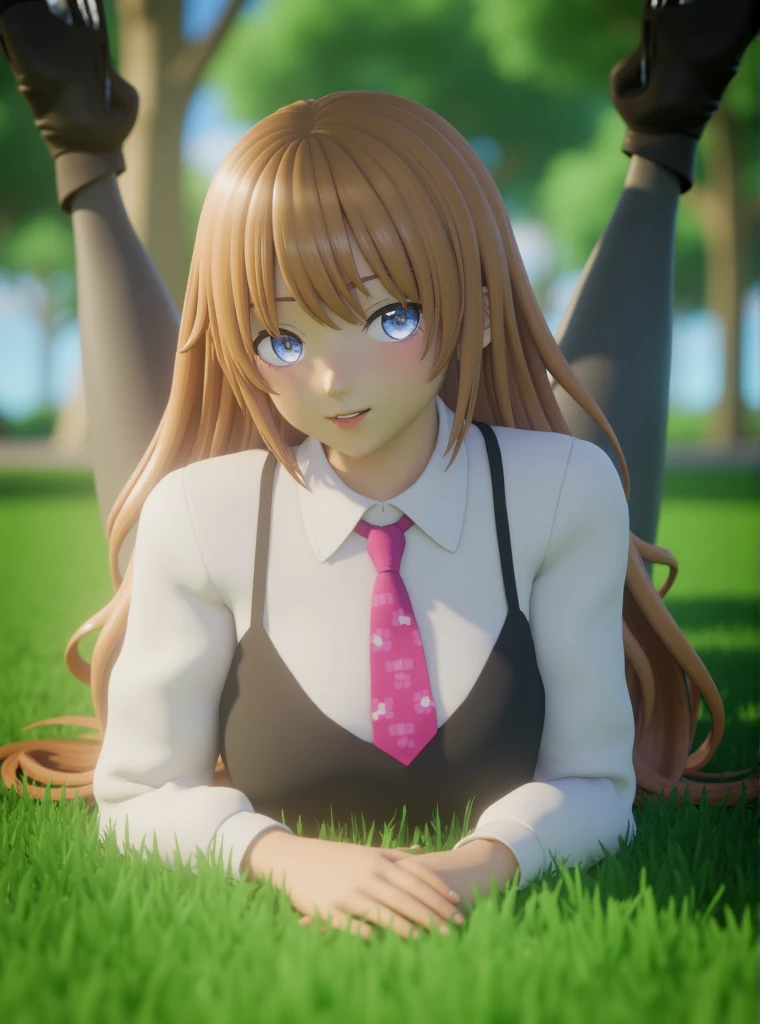 this is an animated image of female character in a park. he is lying in the grass and looking at the camera