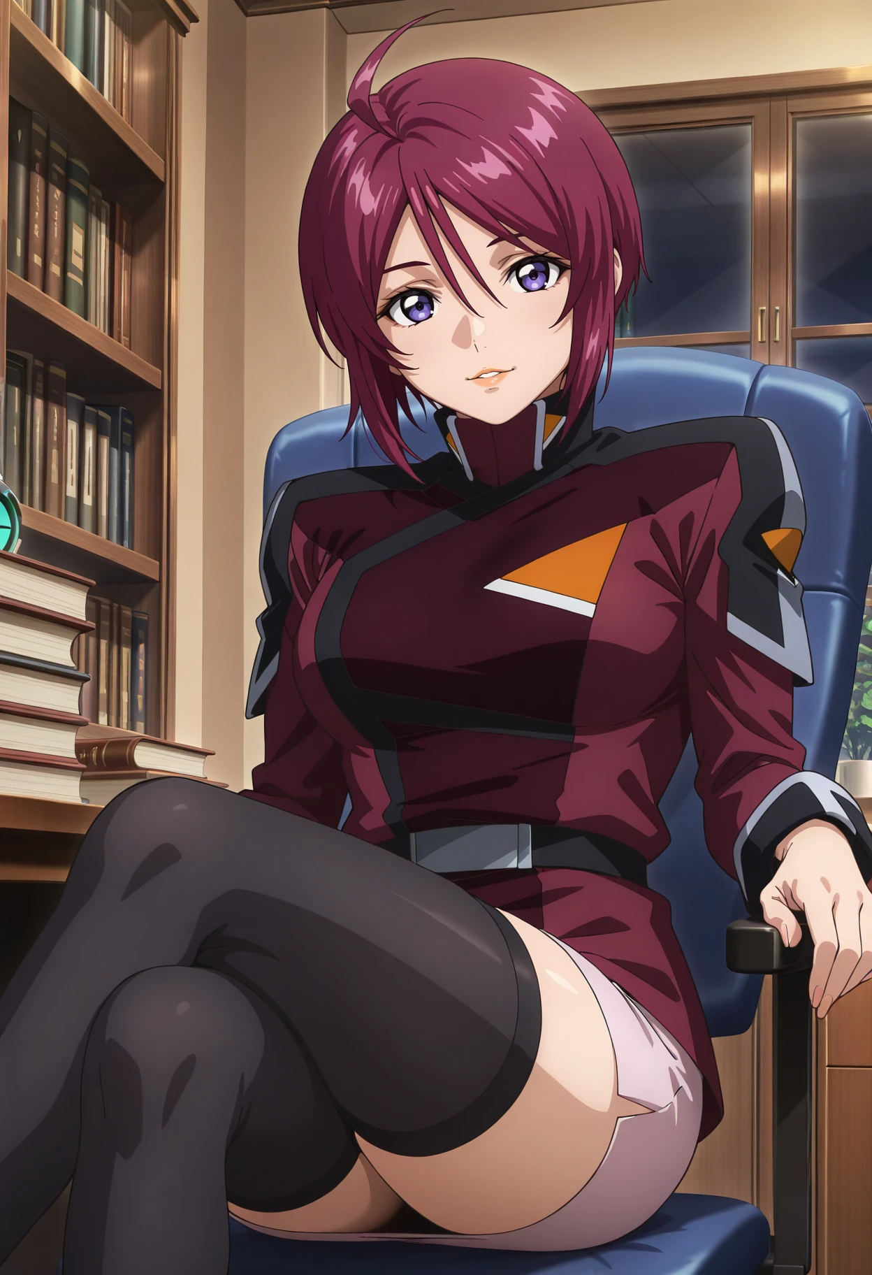 masterpiece,best quality, lunamaria_h, 1girl, anime coloring, solo, short hair, red hair, ahoge, hair between eyes, purple eyes, compass uniform, lipstick, red jacket, pink miniskirt, long sleeves, black thighhighs, pencil skirt, medium breasts, sitting, office chair, desk, crossed legs,light smile, parted lips,  looking at viewer, indoors, book, bookshelf,   <lora:lunamaria_h_IL-000008:0.9>