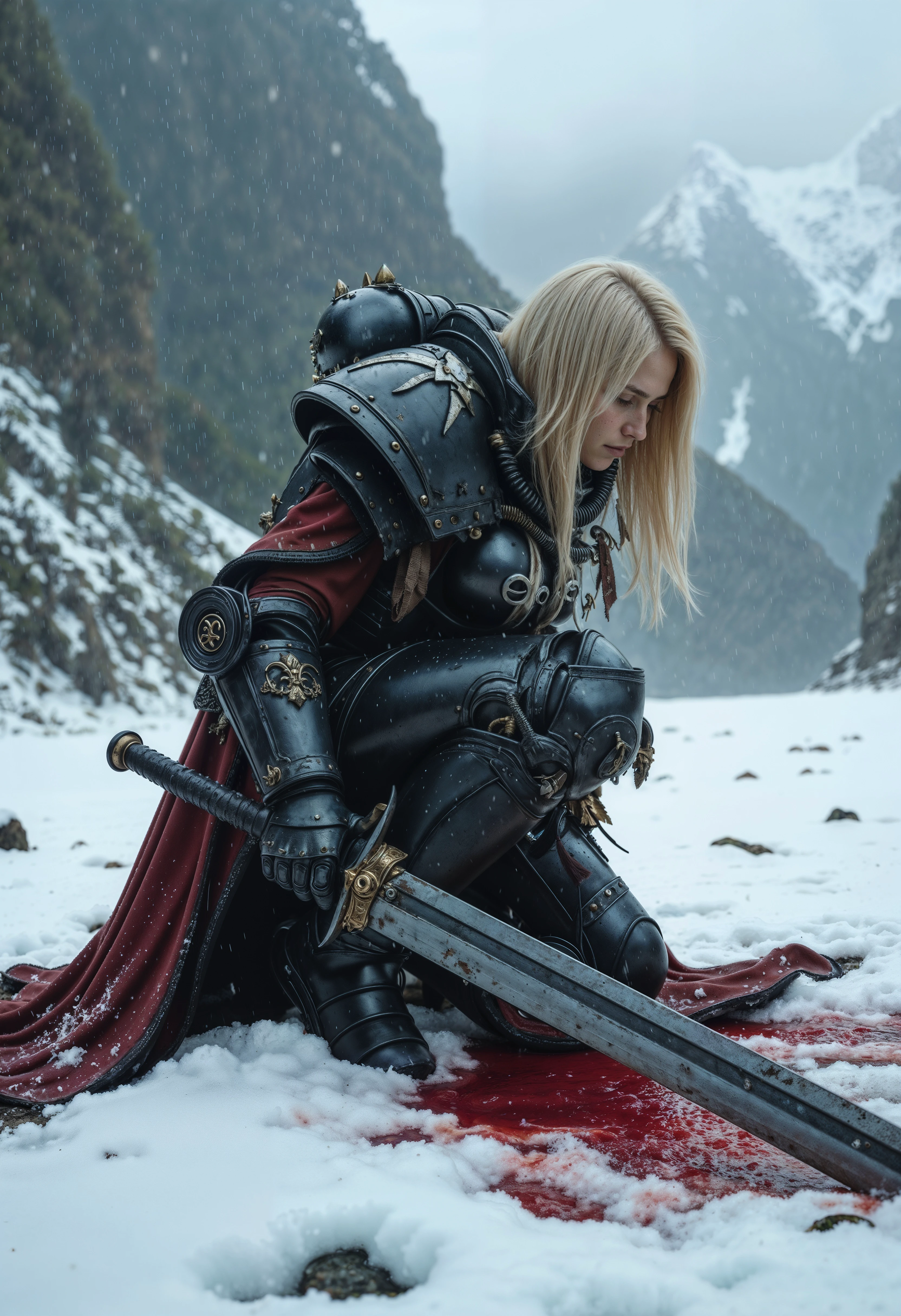 An atmospheric and powerful dark fantasy image, classical style painting of a beautiful female SisB40K dressed in intricate power armor. She crouches with her head down and her dirty blonde hair falls over her face. She holds a powerful sword of dark steel. There is blood in the snow around her from a fallen enemy. Cinematic shot in a snowy mountainous region. <lora:FluxSisB40K:1>