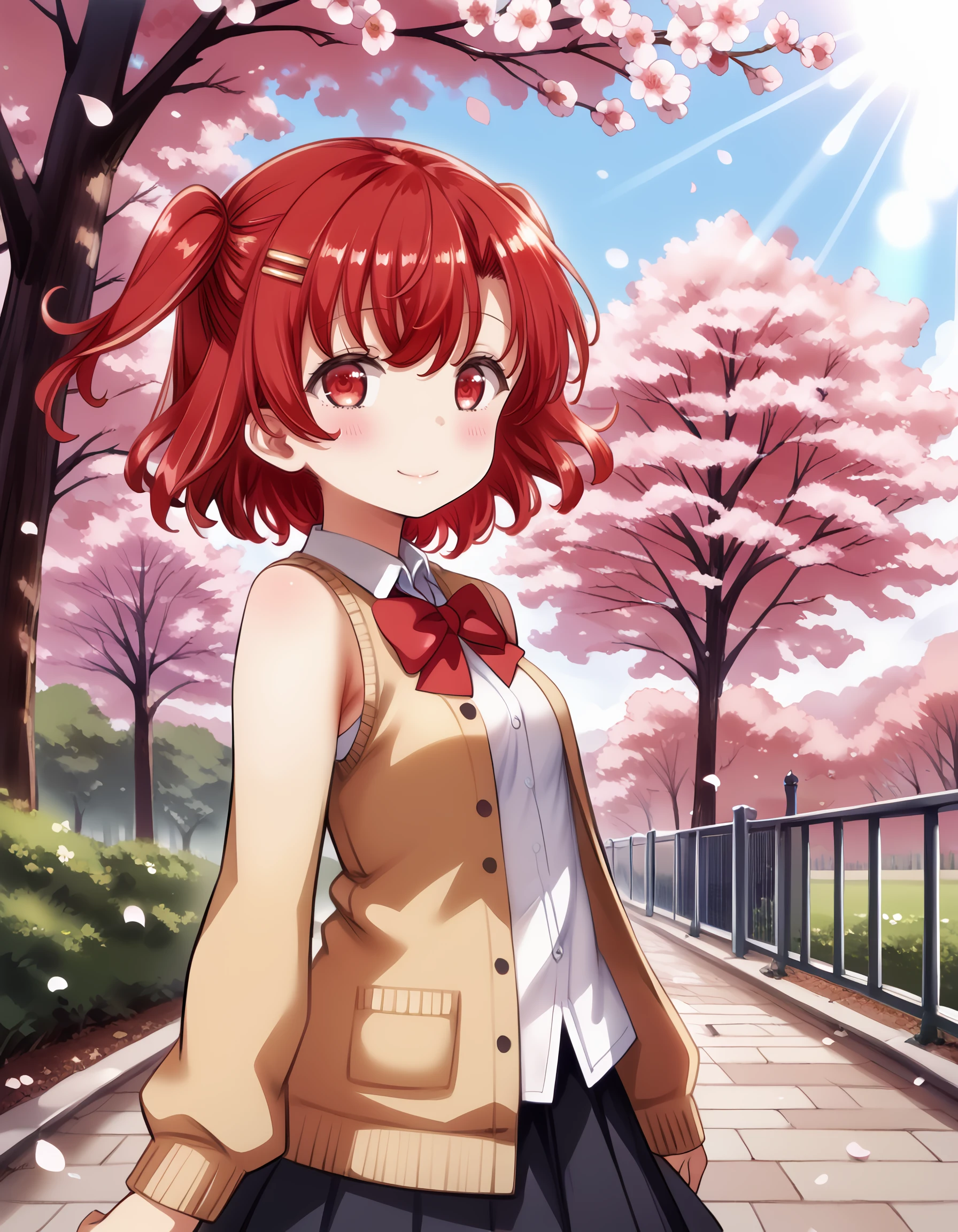 <lora:yui_pony:1> score_9, score_8_up, score_7_up,source_anime, rating:safe, yui, short_hair, red_hair, red_eyes, hair_ornament, hairclip, school_uniform, jacket, white_shirt, red_bow, black_thighhighs, 1girl, blush, cardigan, cherry_blossoms, cover, cover_page, doujin_cover, falling_petals, looking_at_viewer, looking_to_the_side, outdoors, petals, railing, red_cardigan, sleeveless, smile, solo, two_side_up, lens_flare, floating_hair, floating_clothes, (nanashi_\(nlo\):1.0),, masterpiece, detailed, best_quality